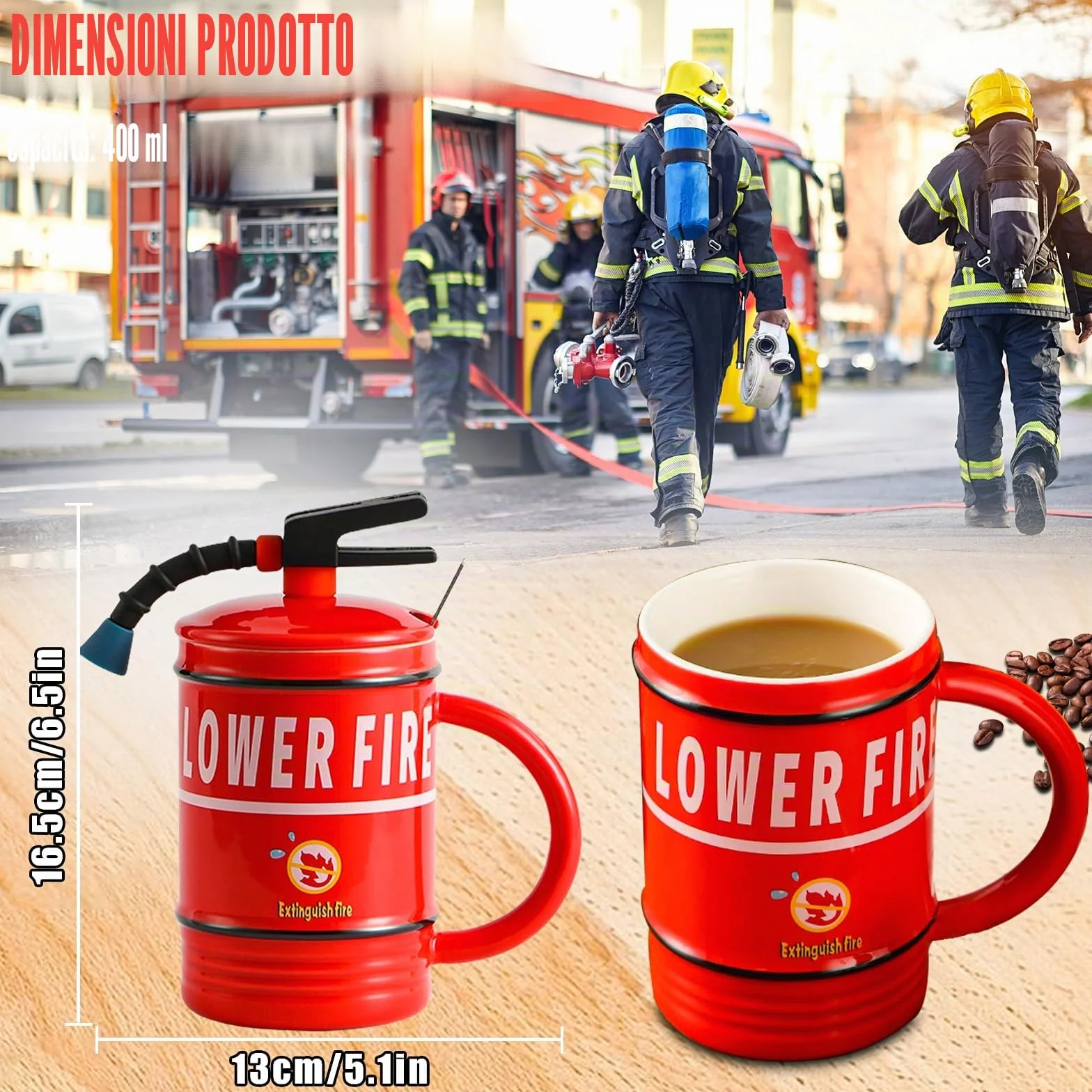 ZONSUSE Tazza Dell'estintore Personalizzata Ceramica con Coperchio e Cucchiaio Rosso