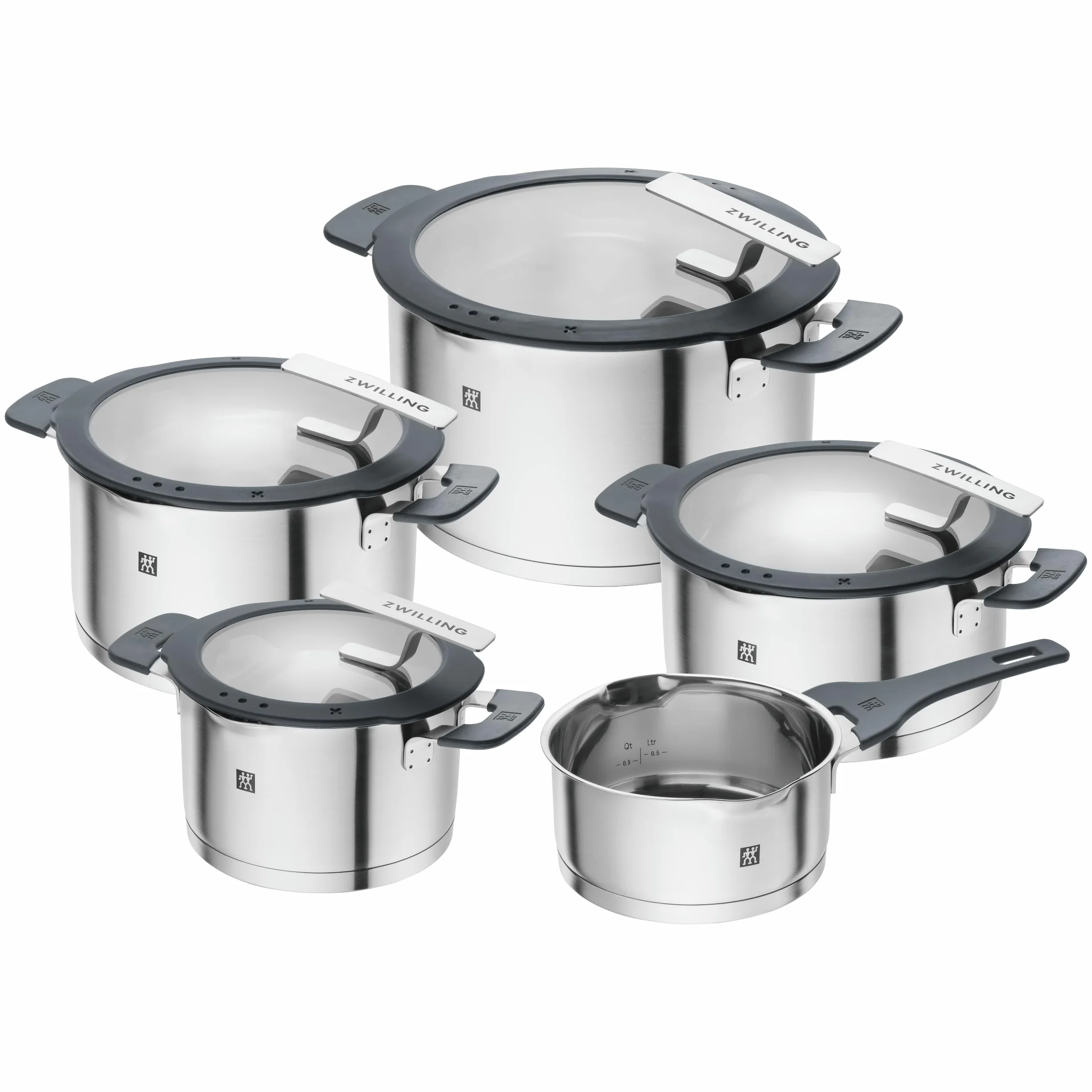 ZWILLING Simplify Set di pentole in acciaio inox, 5 Pezzi, Con fori integrati nel coperchio, Anche per piani a induzione, Argento-Nero