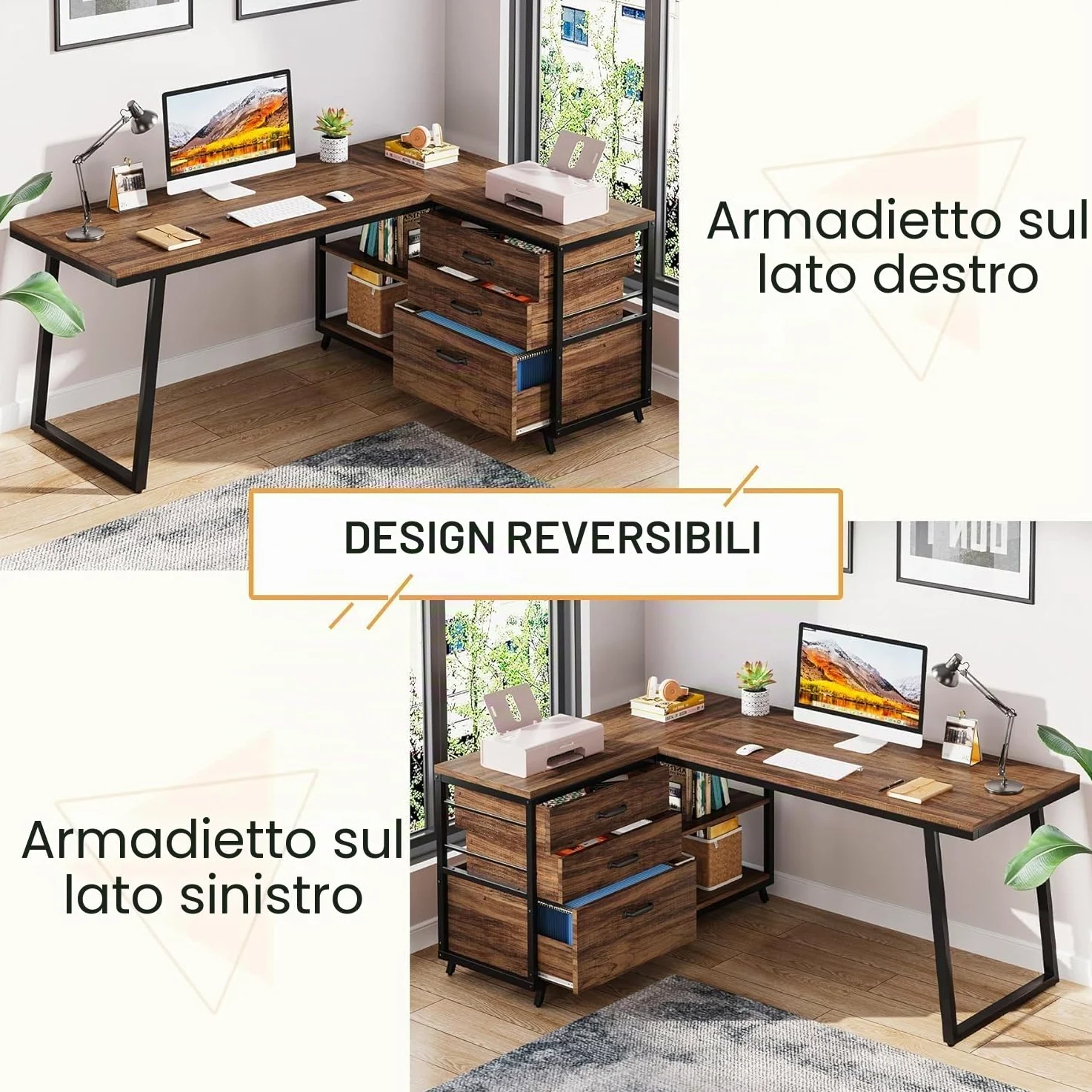 Lailang 134cm Scrivania, Tavolo Angolare, Scrivania Con Cassetti, Scrivania In Legno, Scrivania Studio Casa, Scrittoio Vintage, 134 x 50 x 74 cm, Marrone Rustico Nero