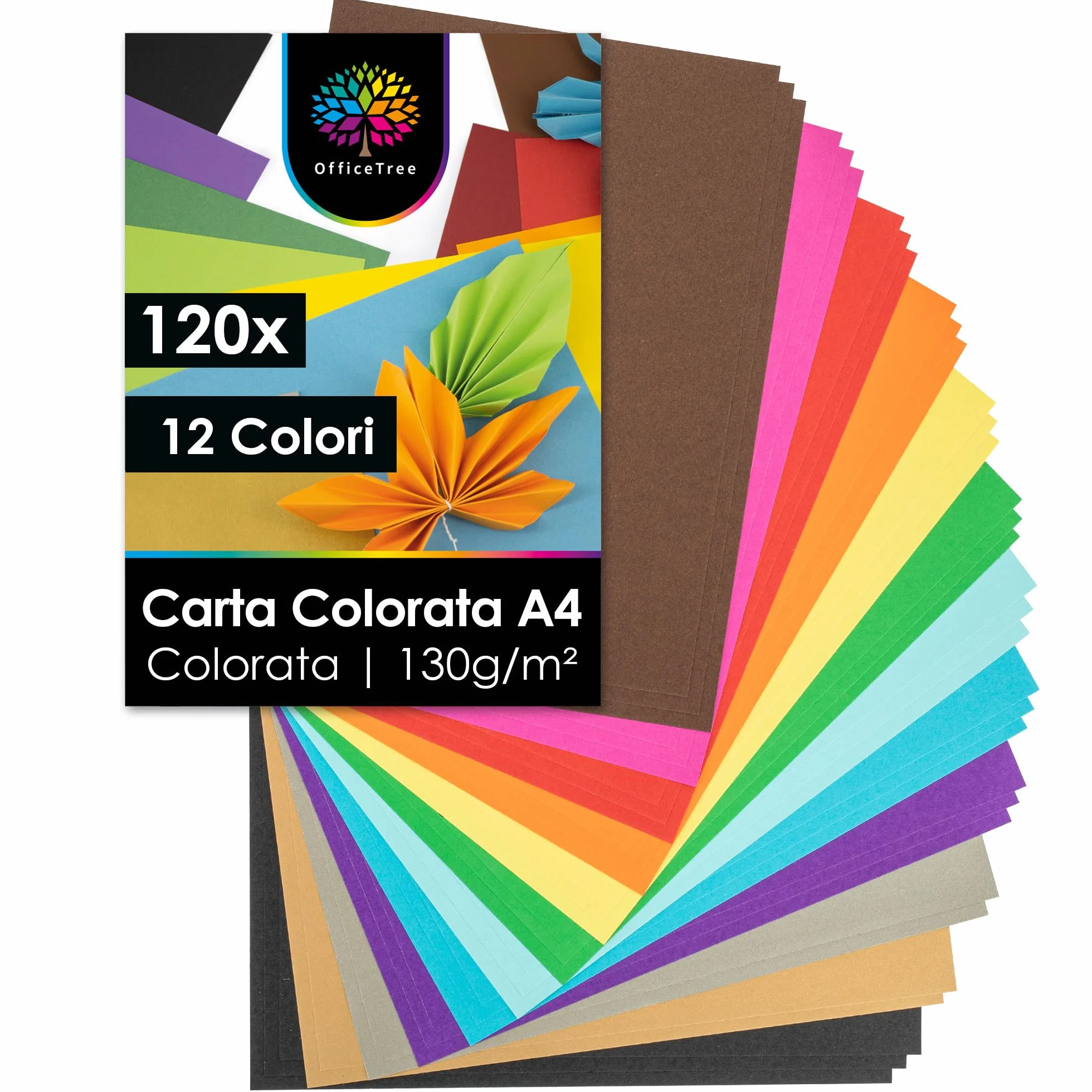 OfficeTree 120x Cartoncino Colorato A4 130g - 12 Colori - Fogli A4 Colorati per Fare Bricolage - Album Cartoncini Colorati Stampabile - Carta Colorata - Album Fogli Colorati Assortiti