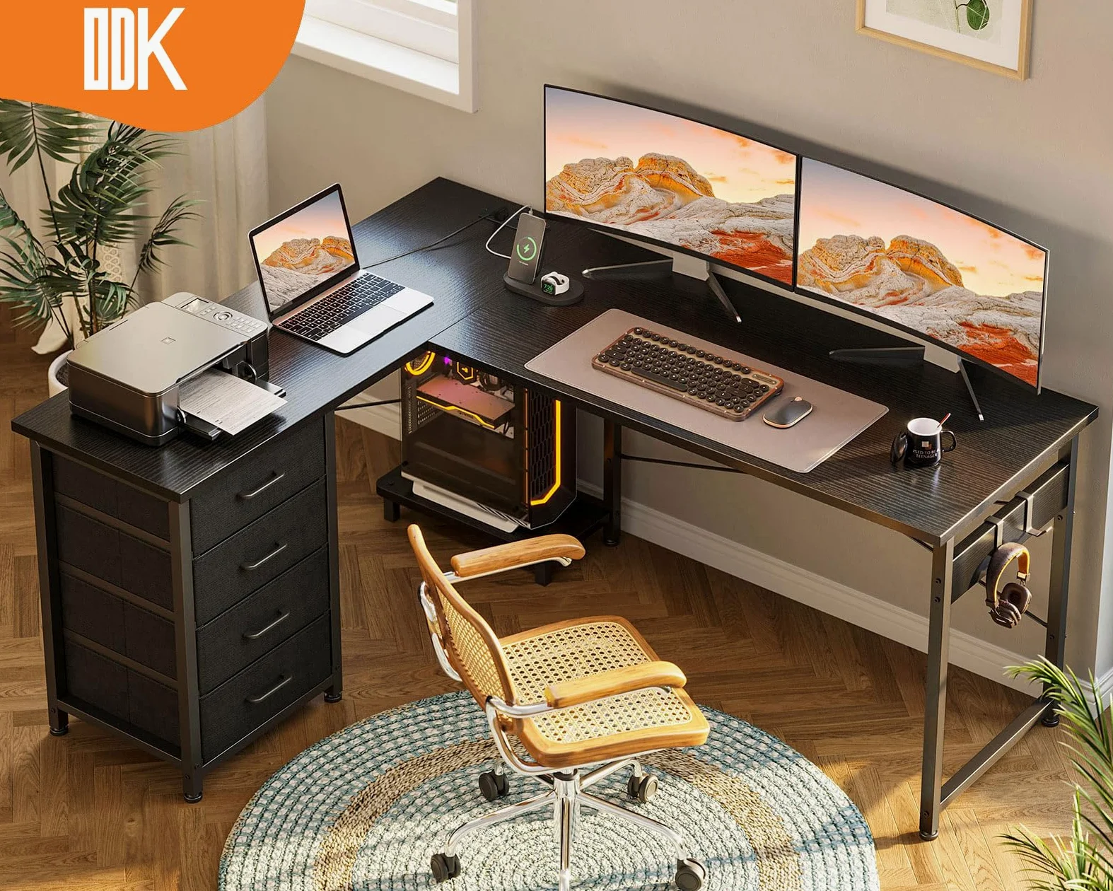 ODK Scrivania angolare con cassetti, scrivania reversibile a forma di L con presa di corrente, scrivanie da ufficio con porta di ricarica USB e supporto per host per casa e ufficio, nero, 135 x 100 cm
