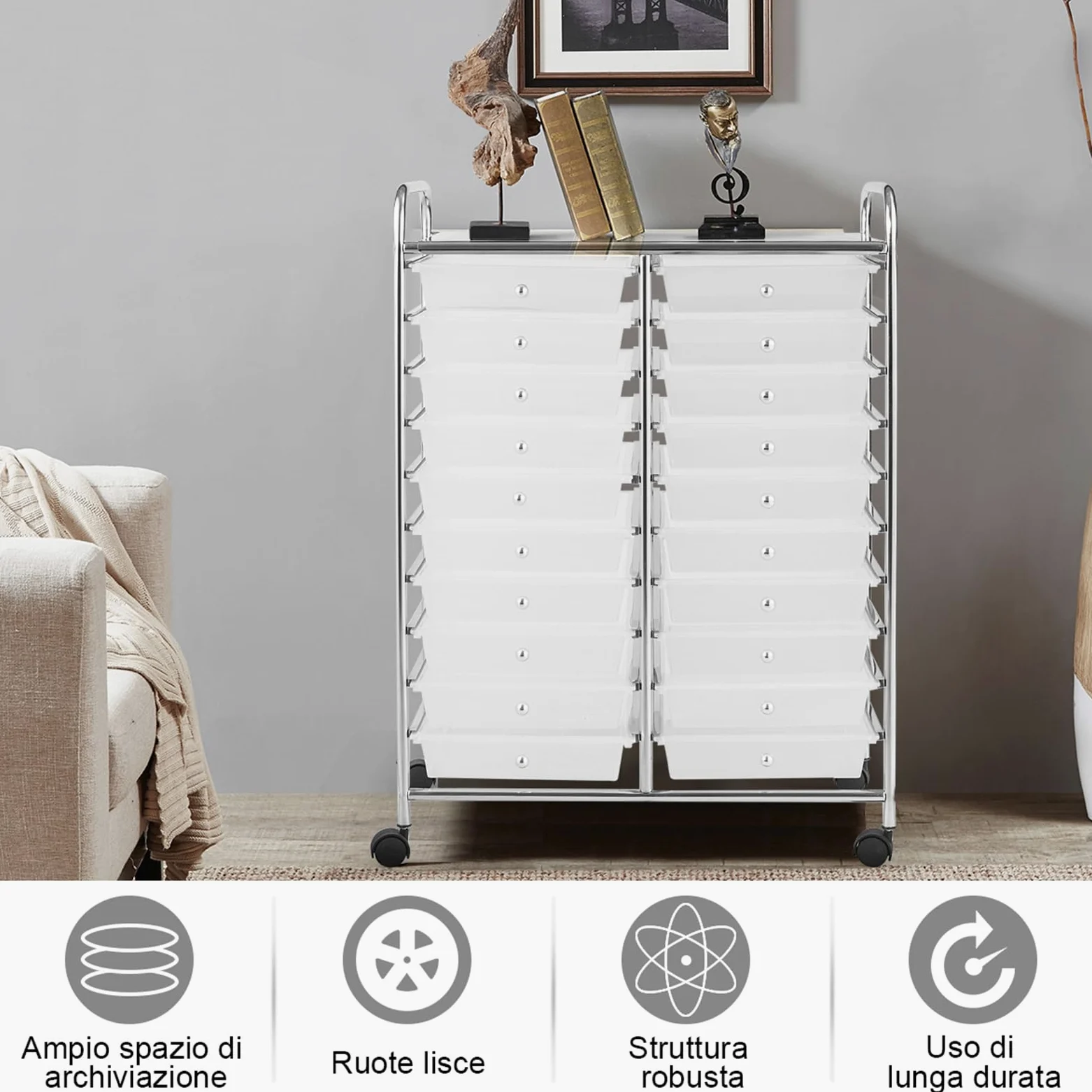 COSTWAY Carrello di Stoccaggio con 20 Cassetti, Carrello portaoggetti con 4 Ruote, Carrello Multiuso per Scuola Ufficio Cucina, 64 x 39 x 88 cm (Trasparente)
