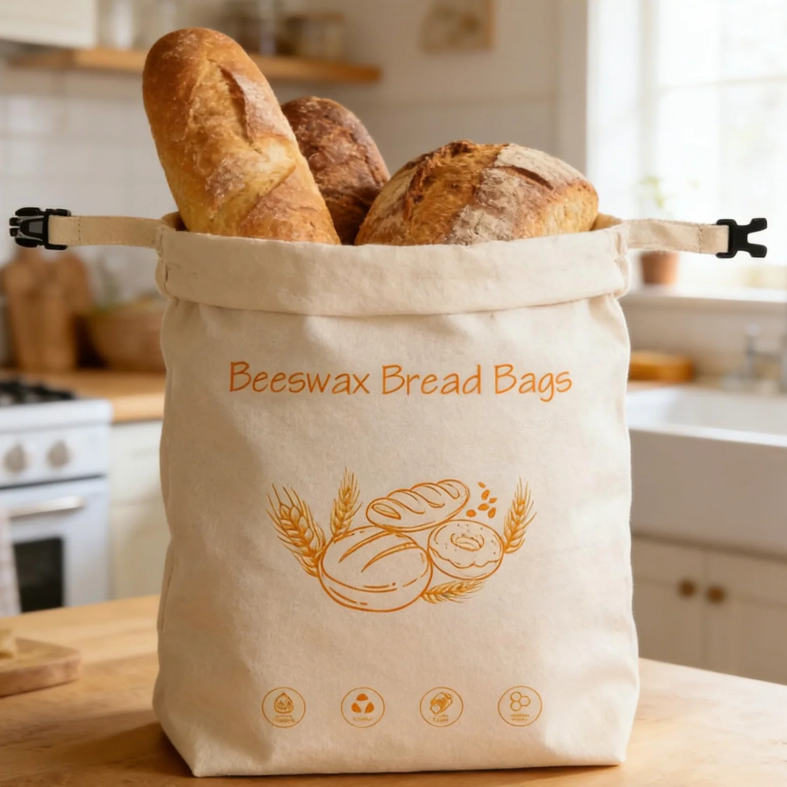 Borsa per alimenti in cotone biologico, cera d'api, con elastico e moschettone, essenziale per la cucina sostenibile per pane, formaggio, soluzione sostenibile per la cucina