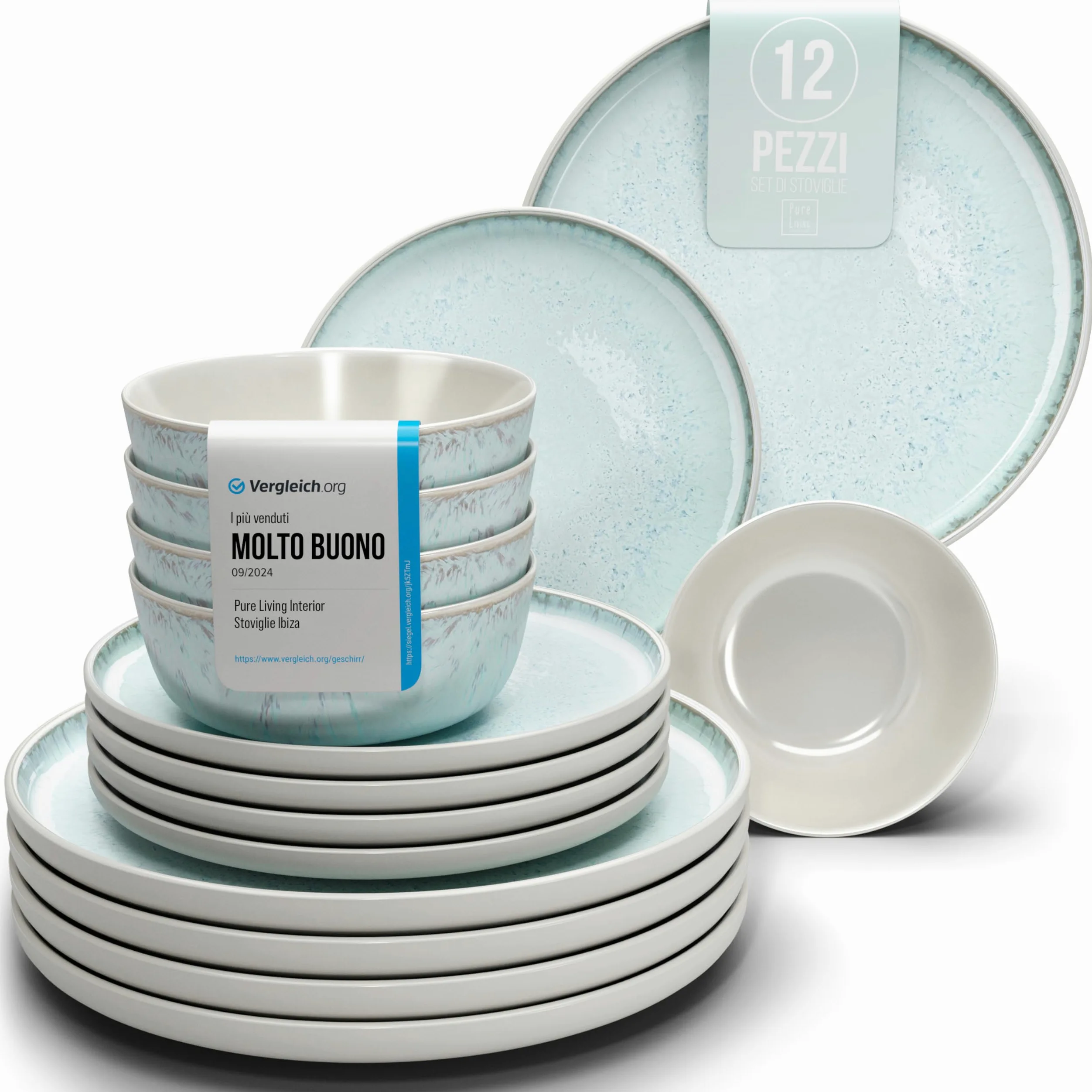 Servizio Piatti Ibiza per 4 Persone, 12 Pezzi Set Piatti Moderni Compatibile con Lavastoviglie e Microonde - Set da Tavola e Cucina di Pure Living Beige-blu