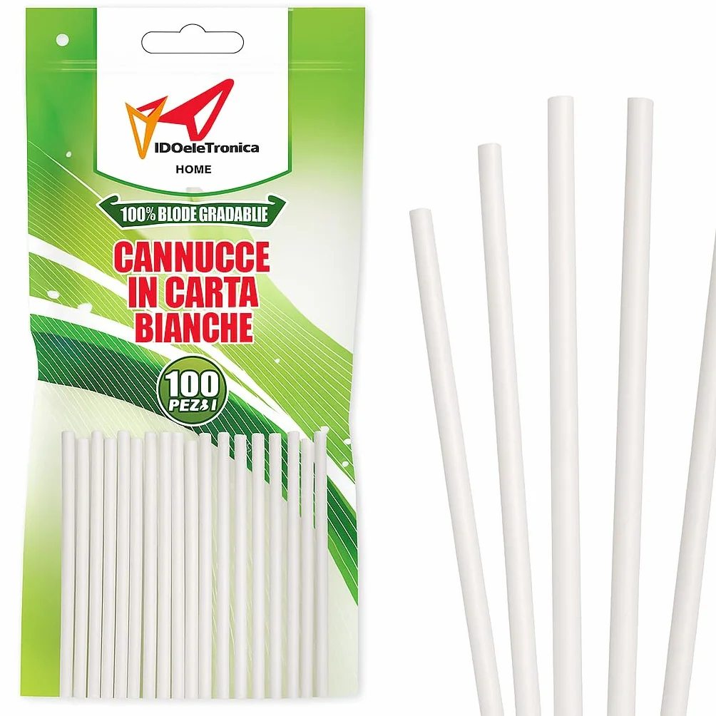 Cannucce Carta 100 Pezzi – 20 cm x 6 mm – Biodegradabili e Compostabili, Monouso, Ecologiche – Cannucce Bevande Fredde e Calde – Ideali per Feste, Bar, Eventi – Colore Naturale (100, bianche)