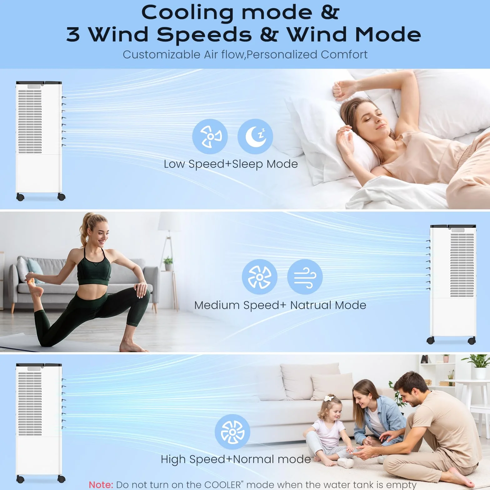 Condizionatore Portatile Senza Tubo Silenzioso, 60W Raffreddatore d'Aria 4 in 1, 4 Modalità 3 Velocità, Oscillazione 60°&120° Timer 1-12 H, con Telecomando, 4 Bottiglie di Ghiaccio per Casa e Ufficio