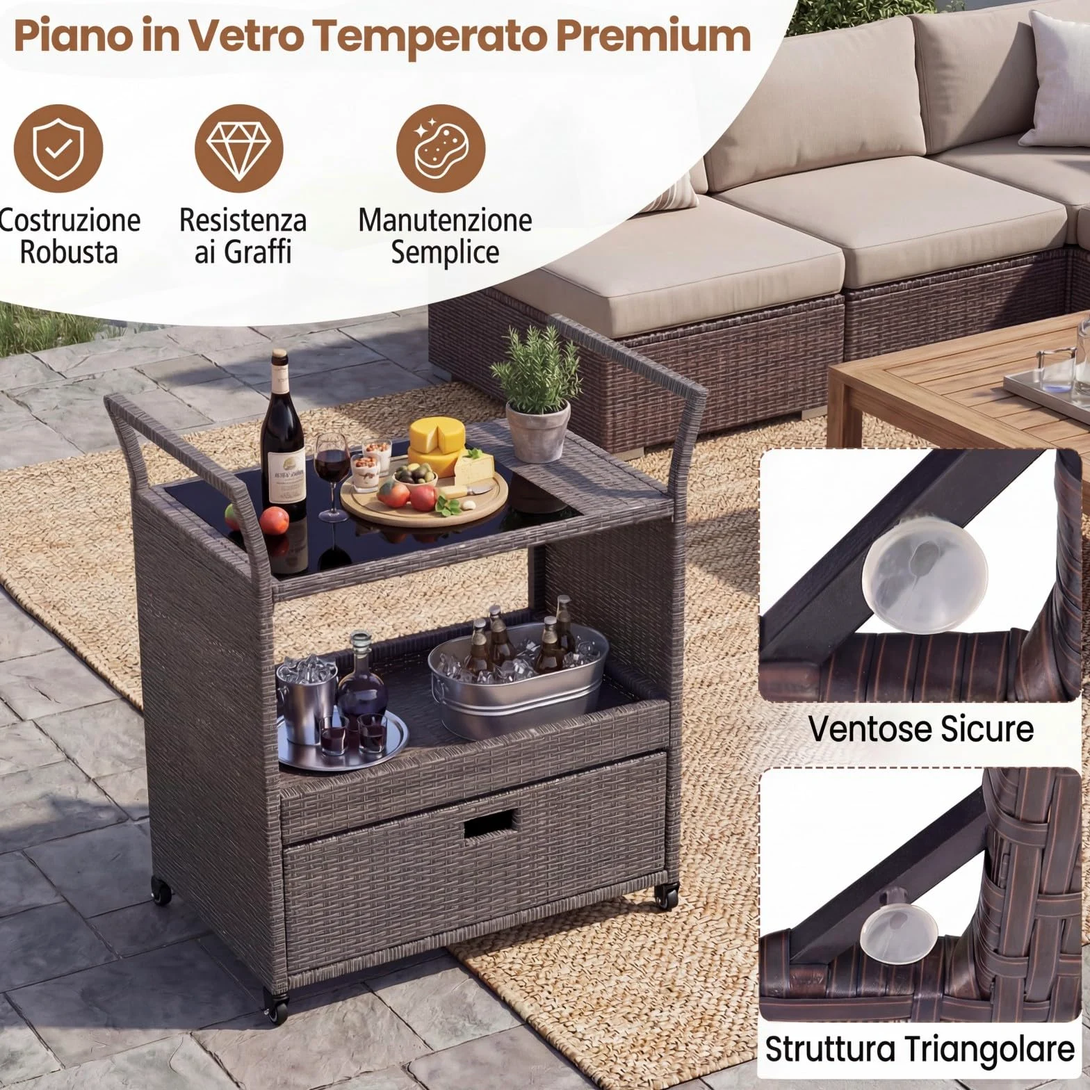 SOARS Carrello Bar in Rattan PE, Tavolo Bar da Esterno con Ruote, Ripiano Aperto, Cassetto e Piano in Vetro Temperato, Carrello di Servizio con Maniglie per Giardino, Cortile, Piscina, 85 X 47 X 92 CM