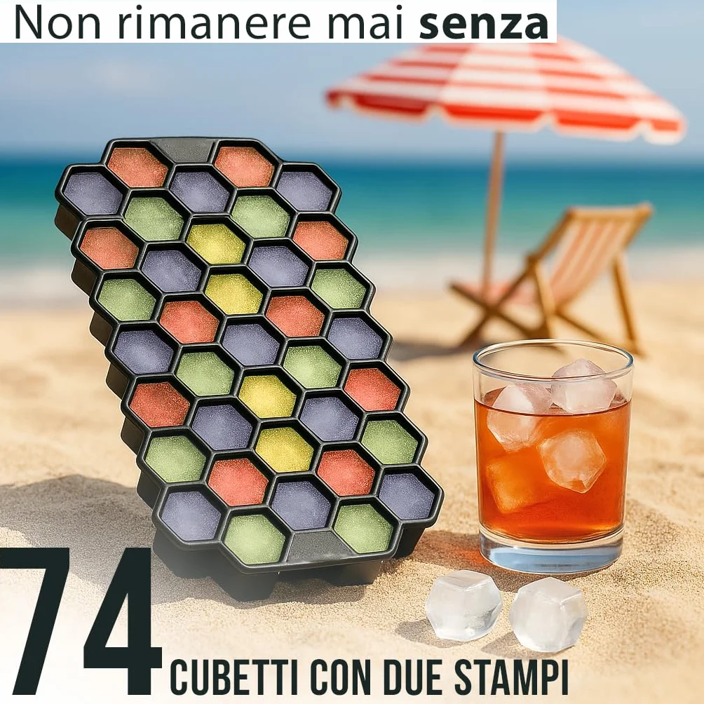 Stampi Ghiaccio in Silicone con Coperchio Set 2 Impilabili BPA Free 74 Cubetti Facile Rilascio Salvaspazio