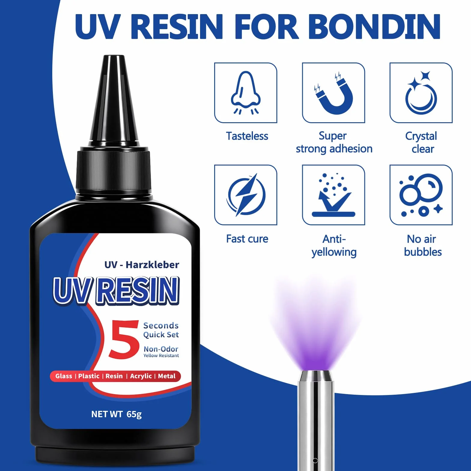 Kit Resina UV 60g con Luce 395nm, Colla UV Professionale per Gioielli, Colla UV con Luce Ricaricabile, Polimerizzazione Rapida in 5 Secondi, Ideale per DIY e Lavorazioni Artigianali