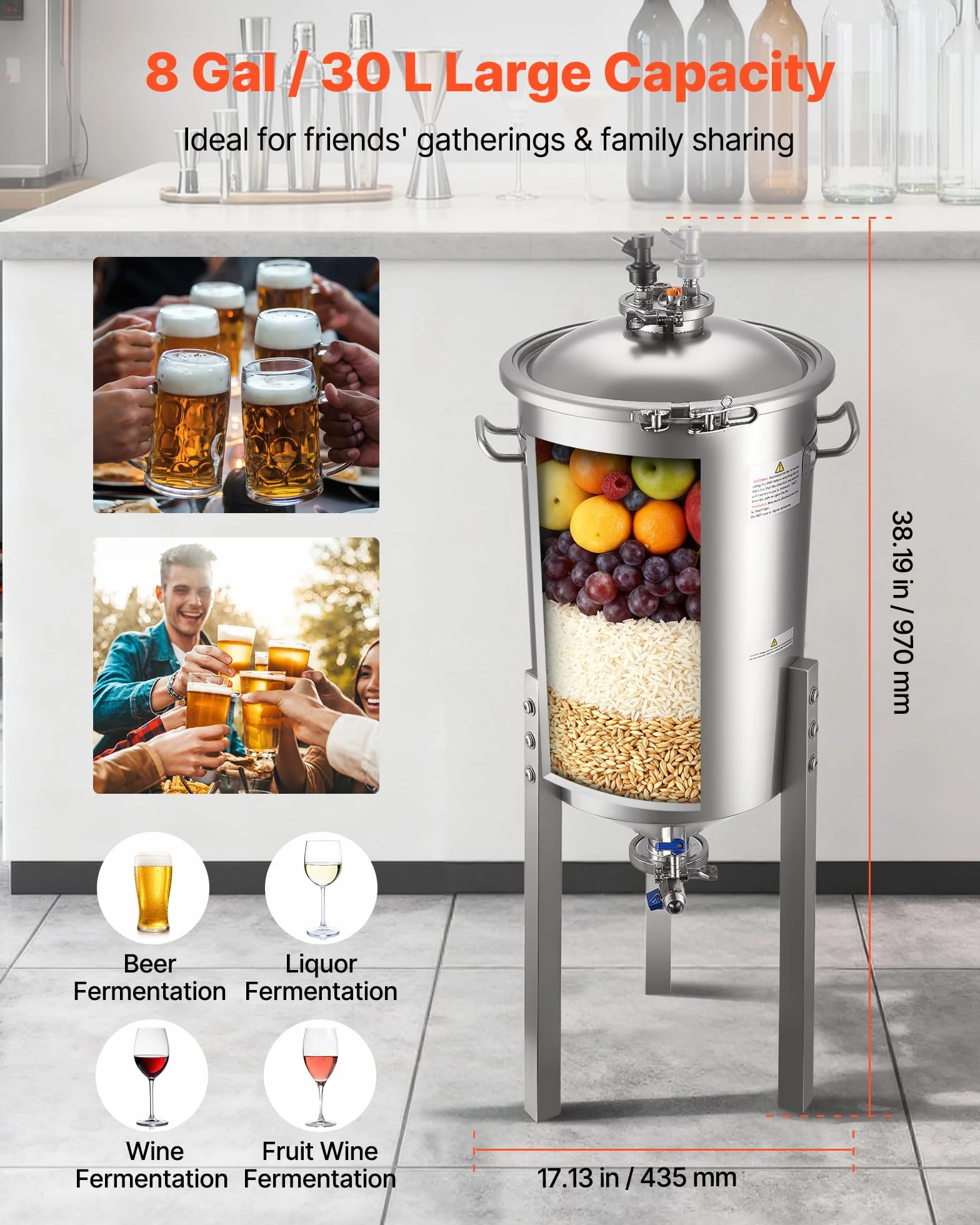 VEVOR Serbatoio di Fermentazione Conico per Produzione di Birra in Acciaio Inox da 30 Litri, Bollitore di Fermentazione con Fondo Conico con Coperchio, Maniglia, Termometro, Uso Domestico