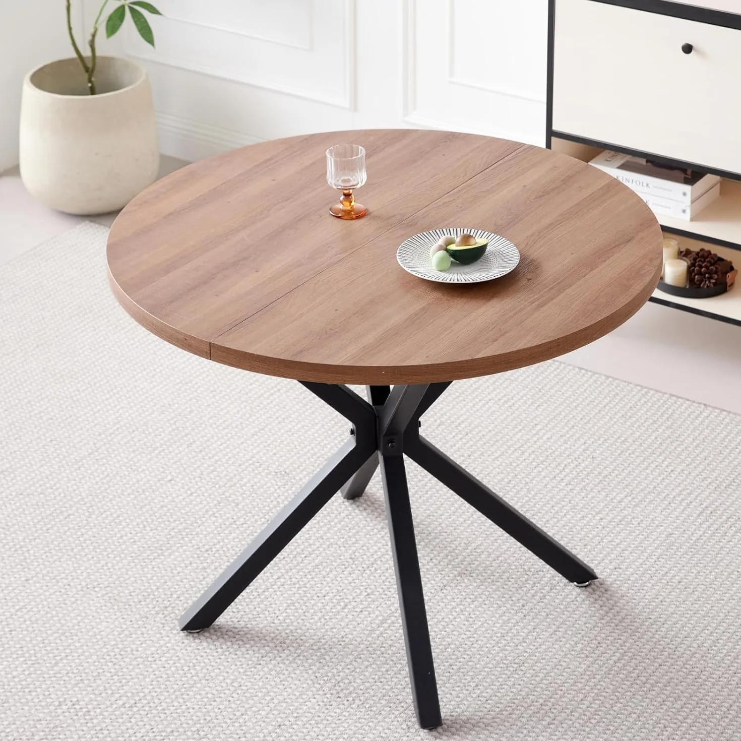 Set Sala da Pranzo, Tavolo da Pranzo Rotondo 100cm con 4 Sedia da Pranzo Imbottita in Vello Olandese, Ideale per Cucina, Soggiorno, Sala da Pranzo (Legno Scuro+Nero (Vello Olandese))