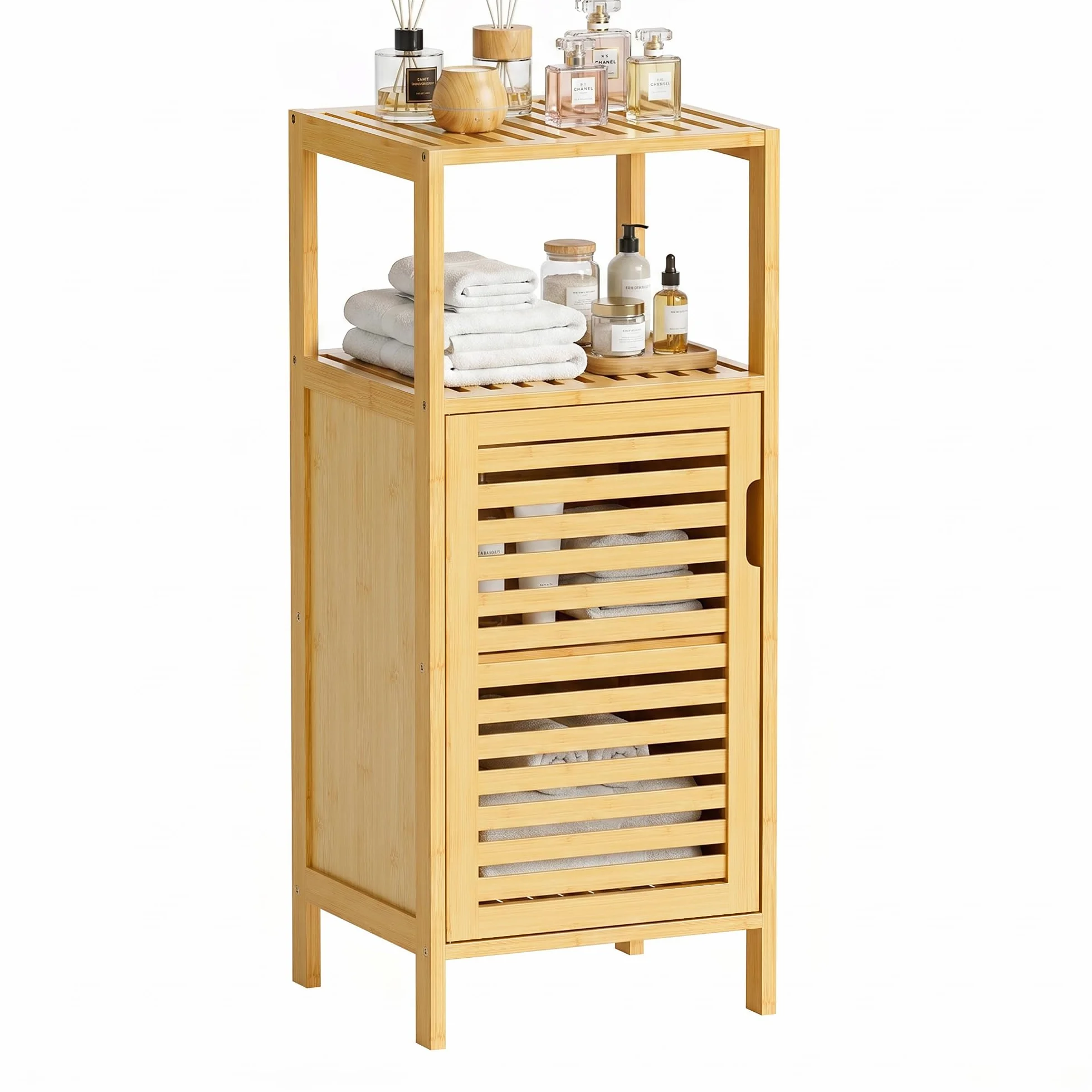 HITNET Mobile Bagno Piccolo, Mobiletto Bagno Basso da Terra, Armadietto da Pavimento in Bambu con Compartimento Aperto, adatto per Soggiorno, Cucina e Corridoio, Naturale