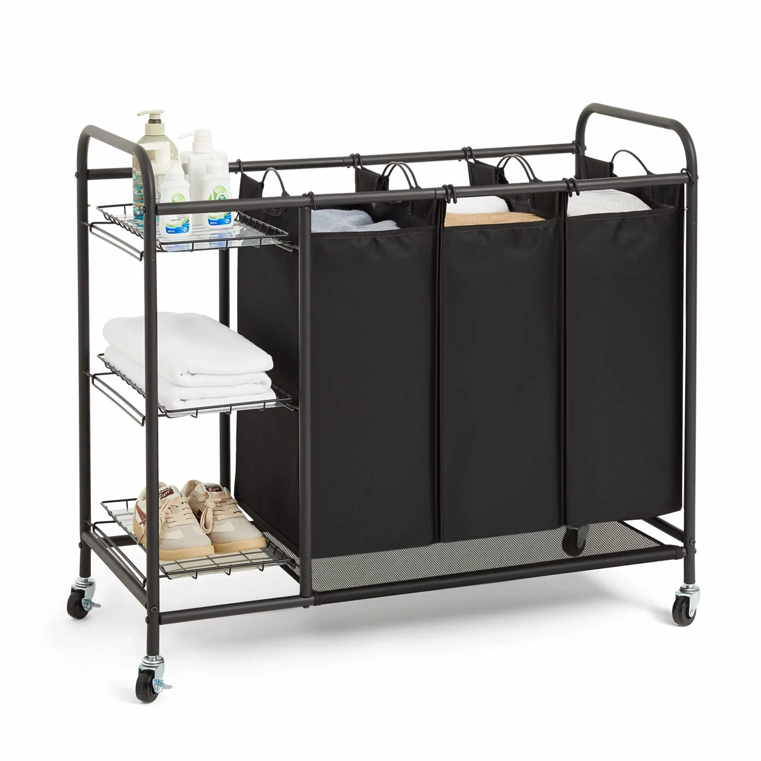 Meerveil Carrello Porta Biancheria con 3 Sacchi Rimovibili, Ceste per Bucato con Rotelle Universali