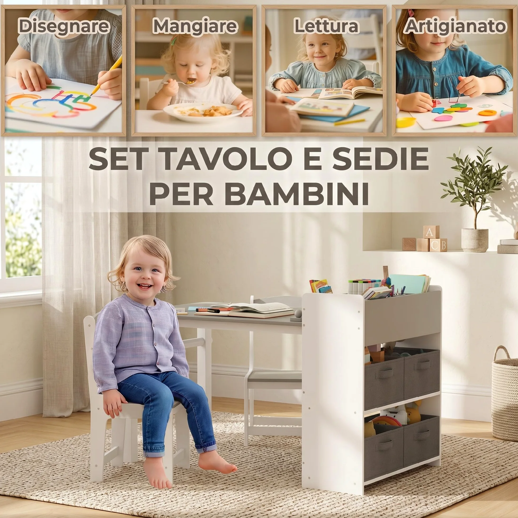 AIYAPLAY Set Tavolo e Sedie per Bambini 3-8 Anni con 2 Sedie e Tavolino con Spazio Contenitore, Mobili per Bambini in Legno di Pino e Tessuto non Tessuto, Bianco e Grigio