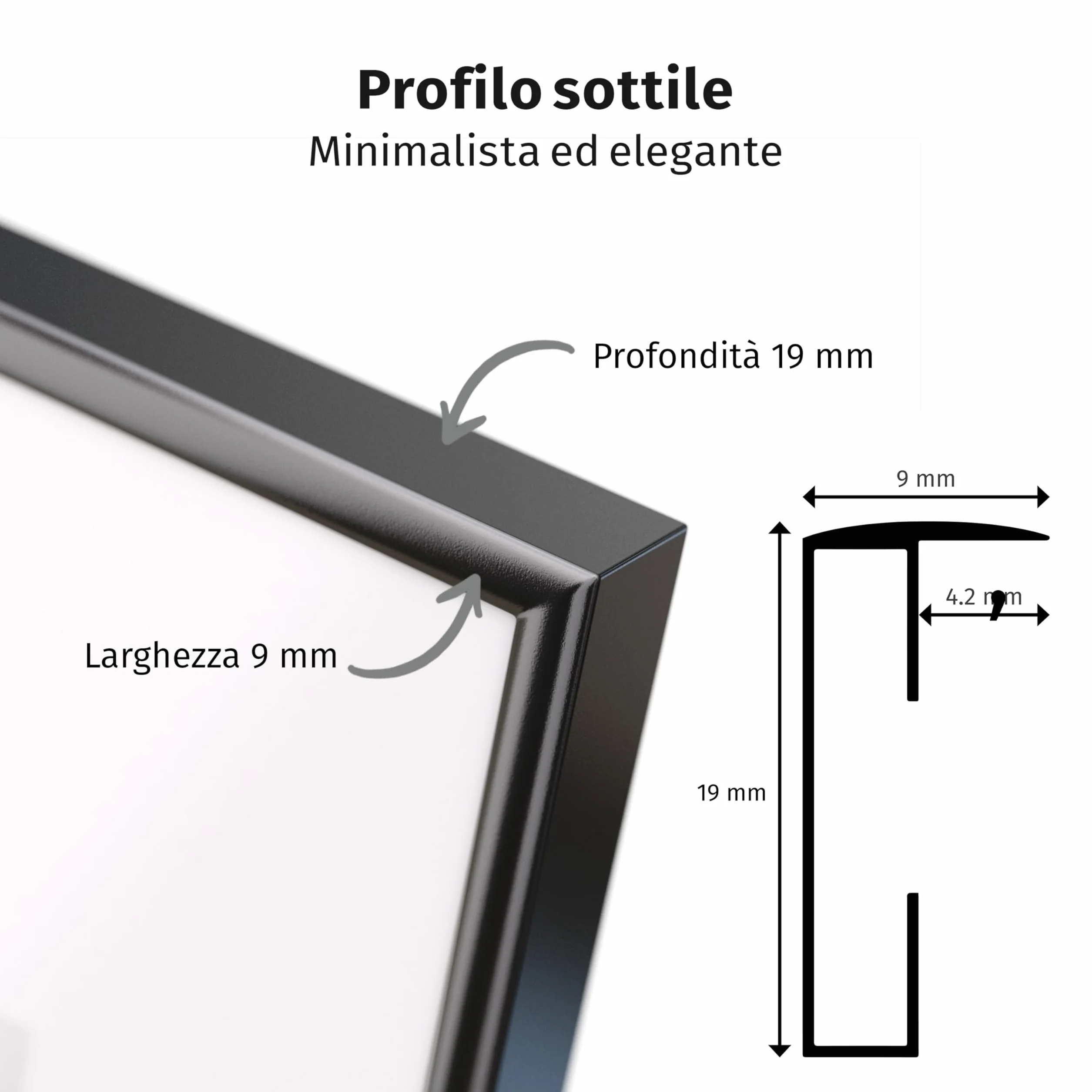 Cornice portafoto 30 x 40 cm alluminio nero opaco vetro acrilico antiurto