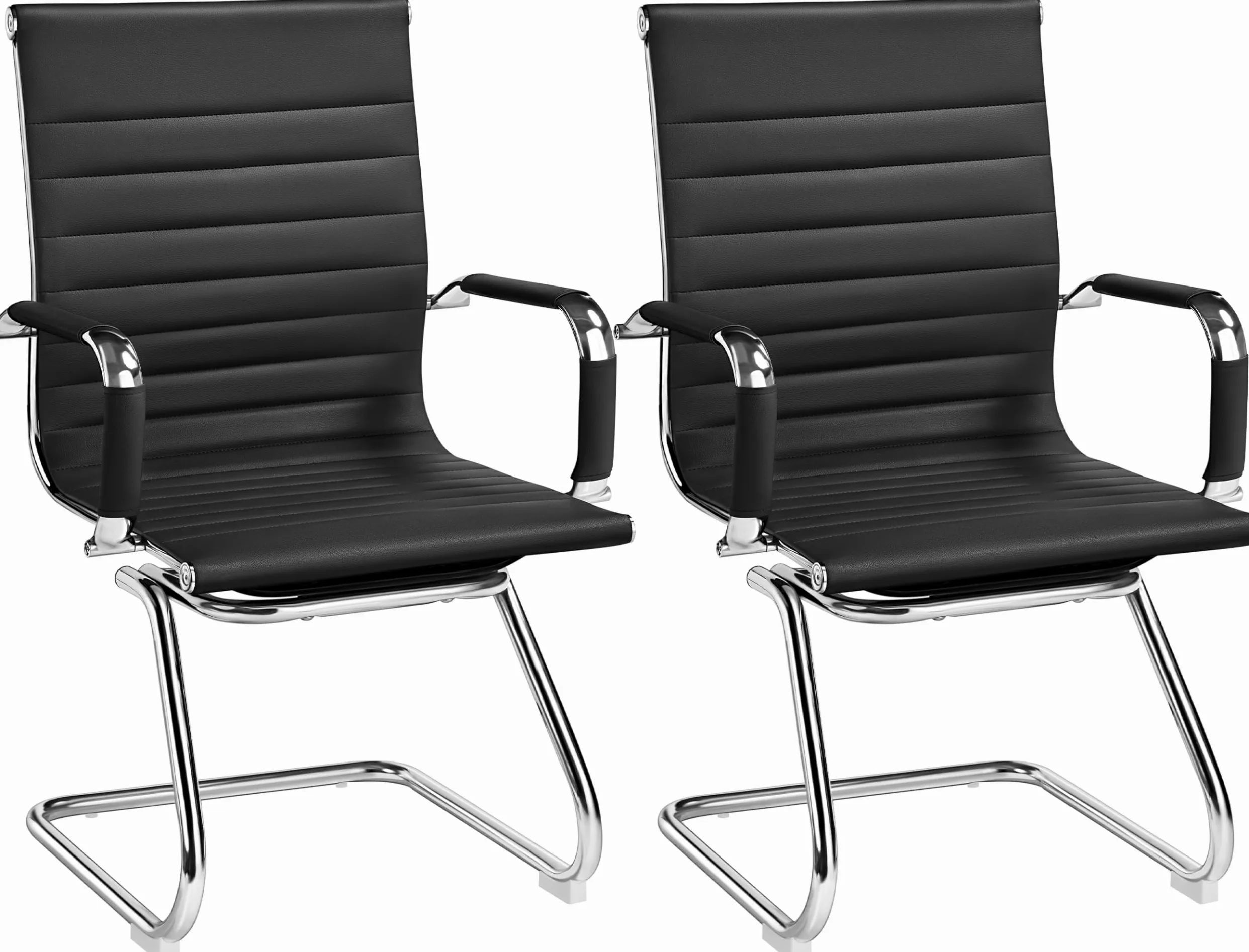 Yaheetech Set 2 Sedie Ufficio Senza Ruote per Ospiti Visitatori Riunioni Conferenza Design Cantilever Ergonomiche in Pelle Sintetica con Schienale e Braccioli Nero