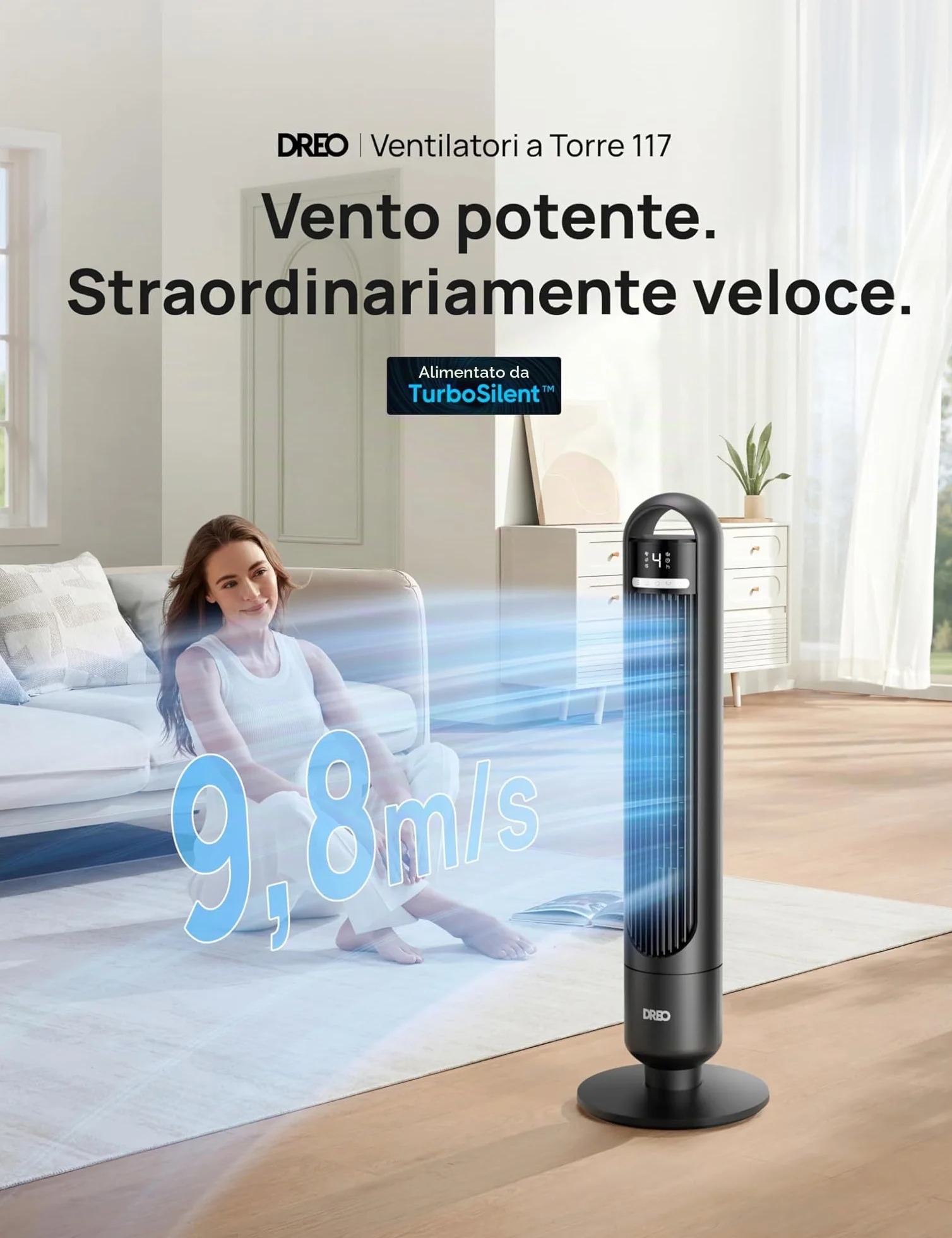 DREO Ventilatore a torre silenzioso da 23 dB, distanza di lancio, 9.8 m, ventilatore con 4 livelli di velocità, 3 modalità, timer da 8 ore, oscillante a 90°, ventilatore a colonna per camera da letto