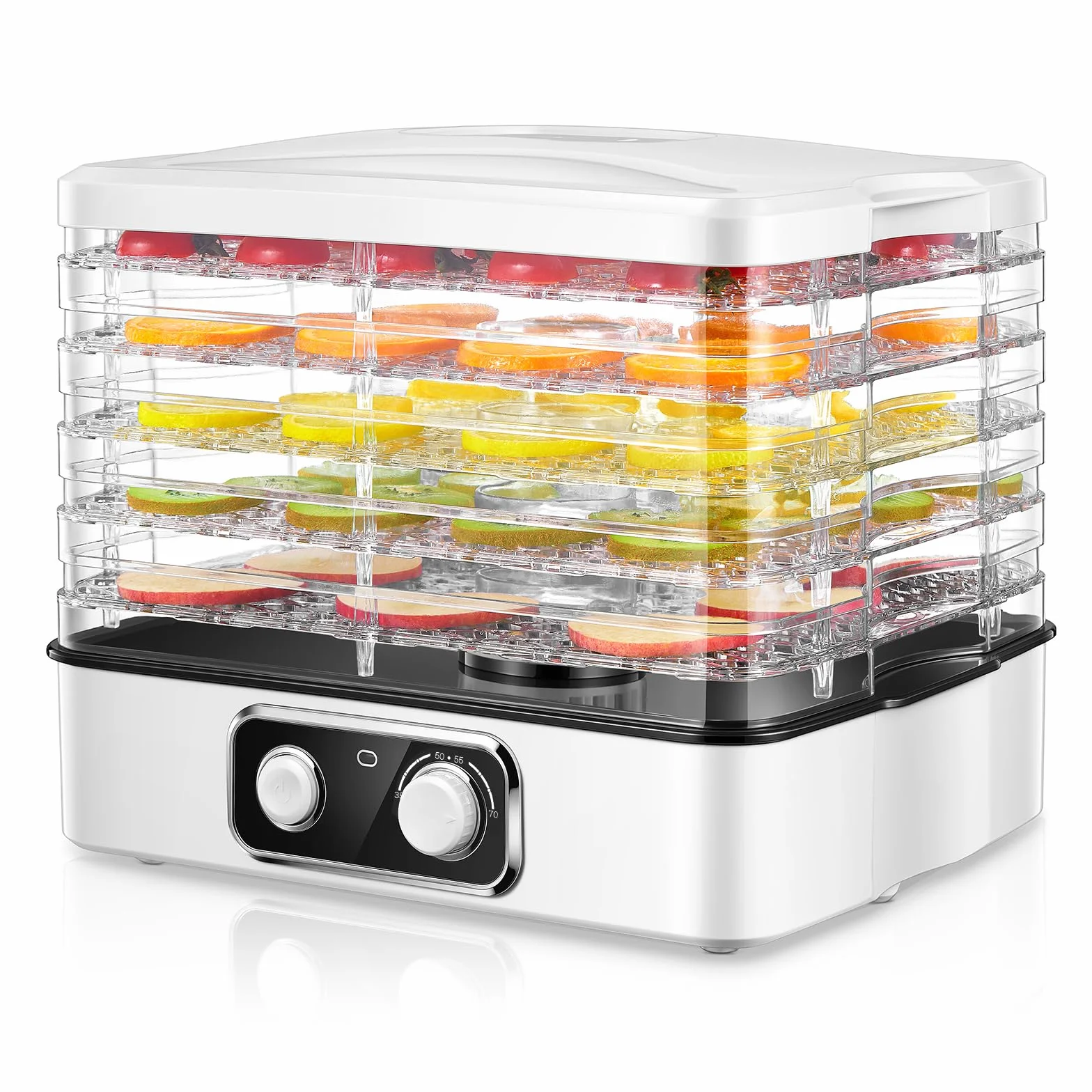 FOHERE Essiccatore Multifunzionale Per Frutta e Verdura, Disidratatore Per Alimenti Regolabile In Altezza 5 Ripiani Impilabili, Temperatura Regolabile (35°C-70°C), Adatto Per Frutta, Carne e Verdura