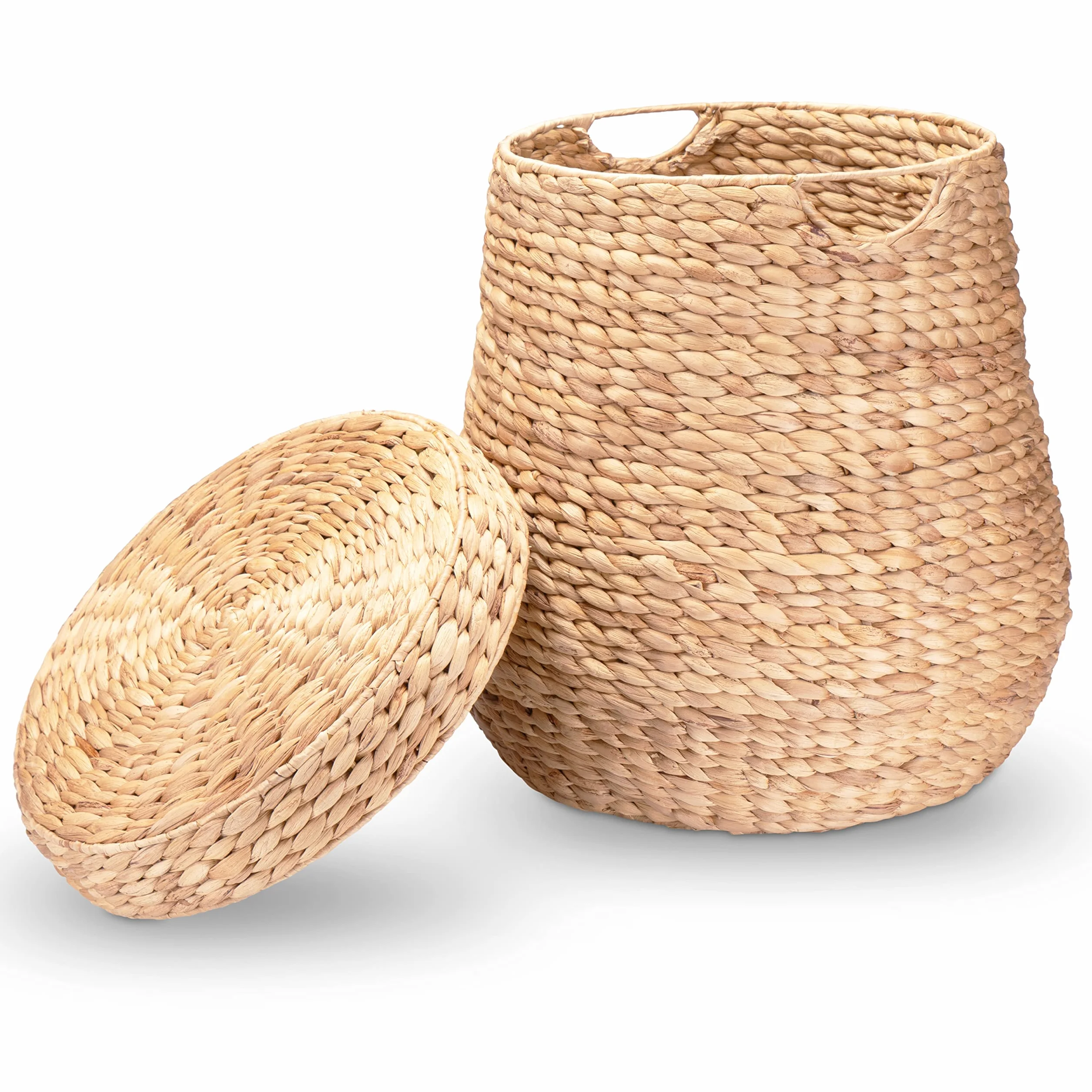 Decorasian - Cesto portabiancheria intrecciato con coperchio - Grande e rotondo - Grande cesto in giacinto d'acqua con manico - Cesto portabiancheria in rattan con manico - Contenitore - 46 cm