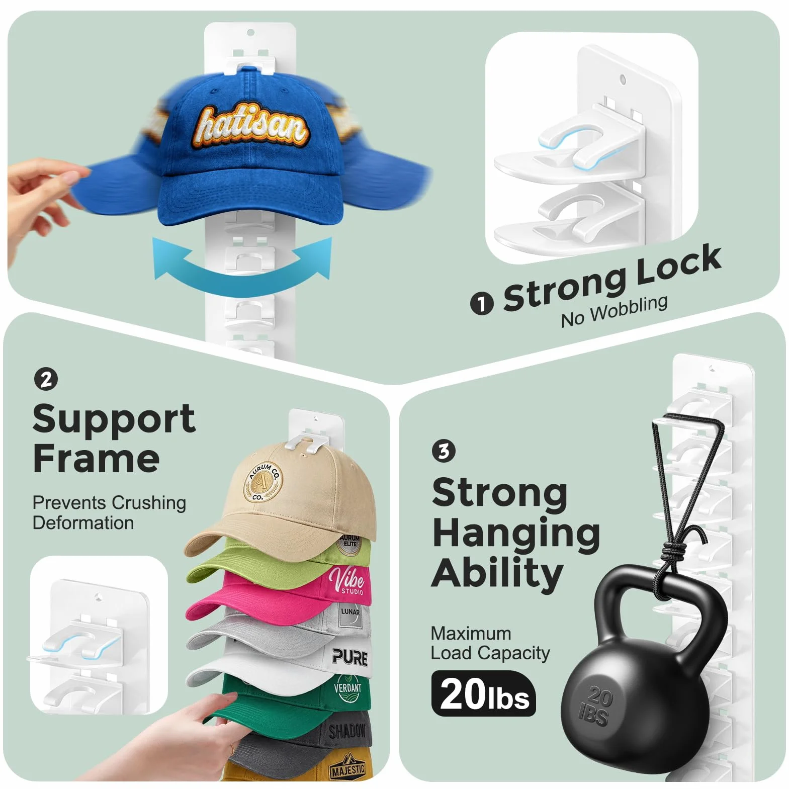 Jcocylse Porte Casquette – Support Casquette avec Crochets | Rangement Casquette pour Casquettes Casquettes et Casquettes de Baseball | Organizer per Cappelli e Cappelli per Fino a 22 Tappi