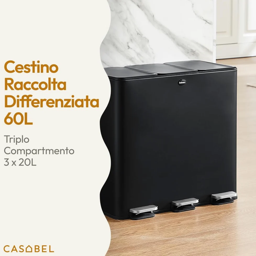 CASABEL Pattumiera Differenziata 3 Scomparti 3x20L, in Acciaio Inox Nero, Secchio Spazzatura - Pattumiera da Cucina per Riciclaggio Rettangolare a Pedale - Bidoni Differenziata da Interno