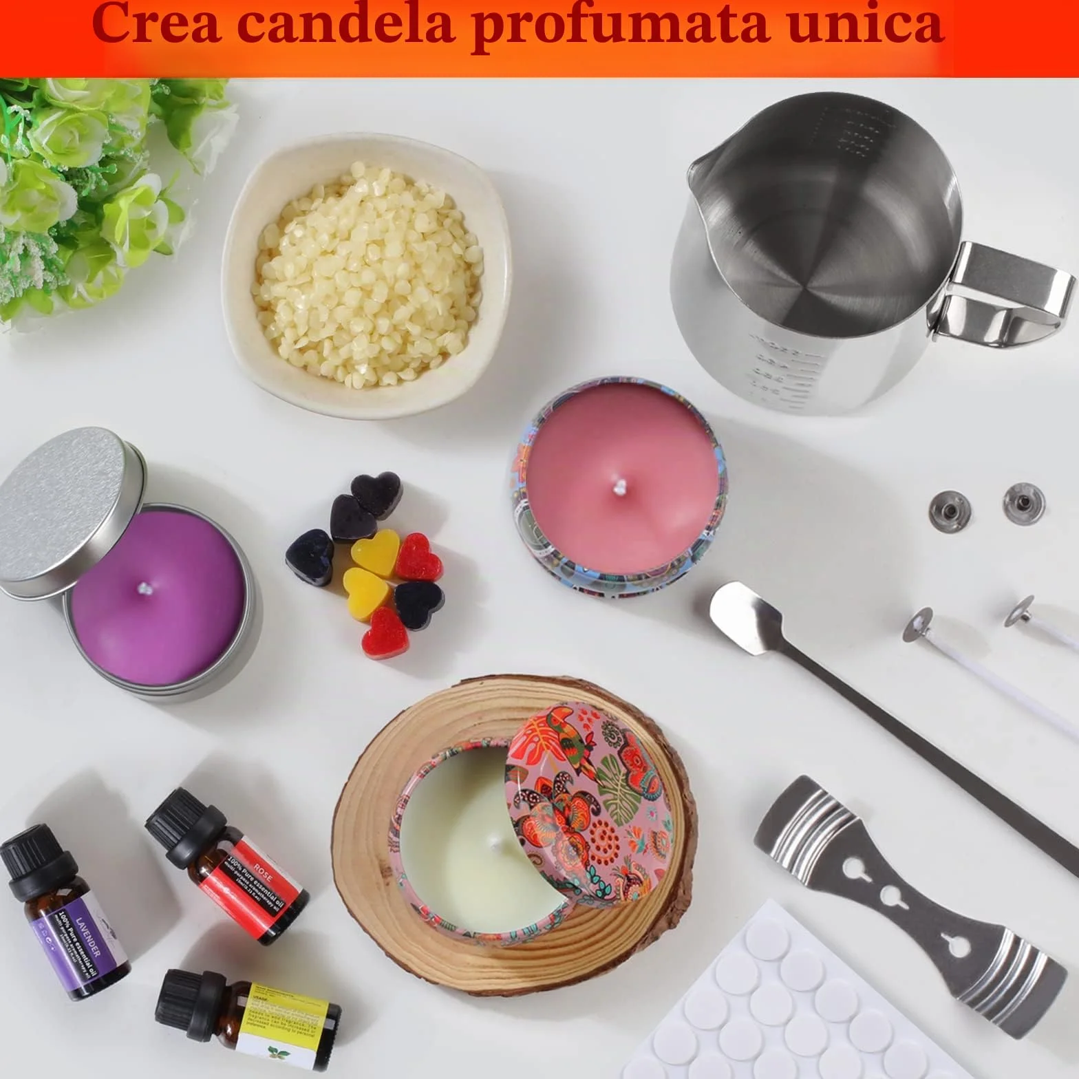 Set candele fai da te, kit per candele profumate con cera d'api, 8 barattoli, 6 oli, 8 coloranti, 500 ml