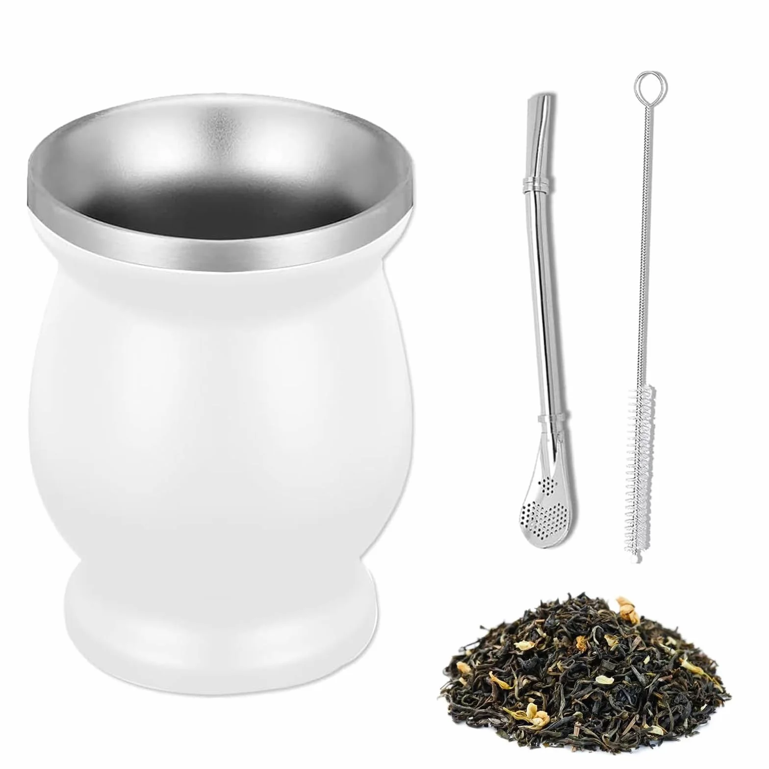 Yerba Mate Cup, Set di Tazze in Acciaio Inox a Doppia Parete 230 ml con Cannuccia e Spazzola, Bianco