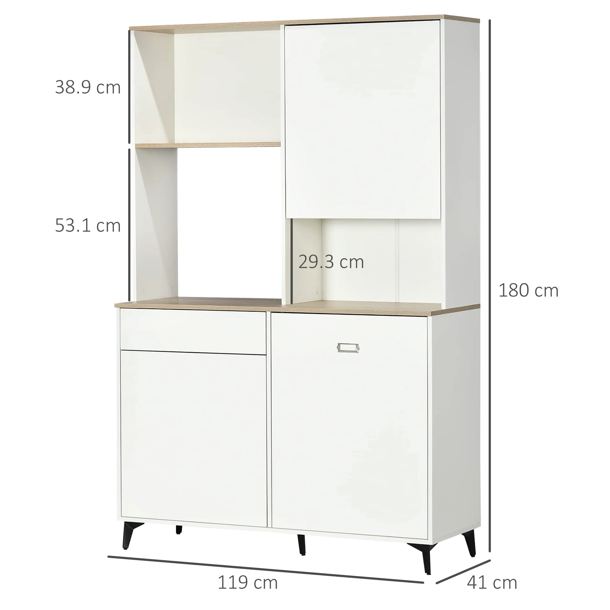 HOMCOM Dispensa Cucina in Truciolato e MDF con Ripiani Aperti, Armadietti e Cassetto per Utensili ed Elettrodomestici, 119x41x180 cm, Bianco