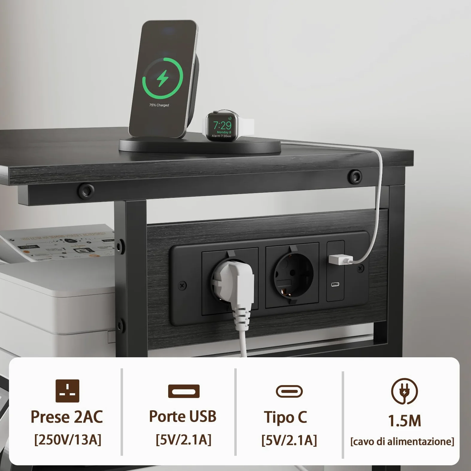 Supporto per Stampante a 3 Livelli con Prese USB e Ruote – Carrello Porta Stampante, Mobiletto da Terra, Mobile per Stampante 3D, Supporto Stampante e Tavolo per Stampante, Nero