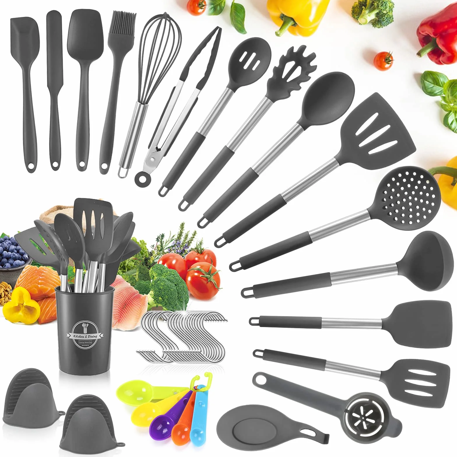 Set di Utensili da Cucina in Silicone, 44pcs Con 20 Ami, 5 Cucchiai Dosatori Piccoli, Resistente al Calore Antiaderenti Con Ganci - Grigio Scuro