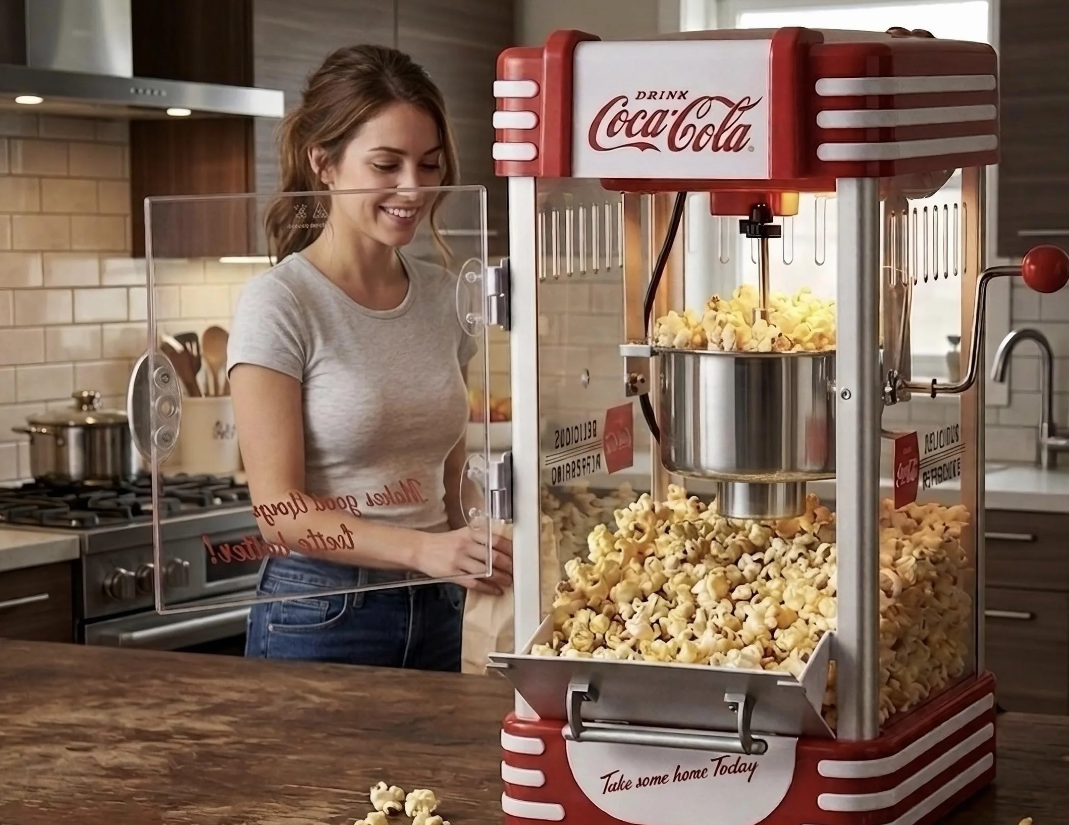 Salco Coca-Cola - Macchina per popcorn popcorn in stile retrò rosso (anni 50), caldaia in acciaio inox con rivestimento antiaderente, sistema di agitazione integrato, illuminazione e avvolgicavo
