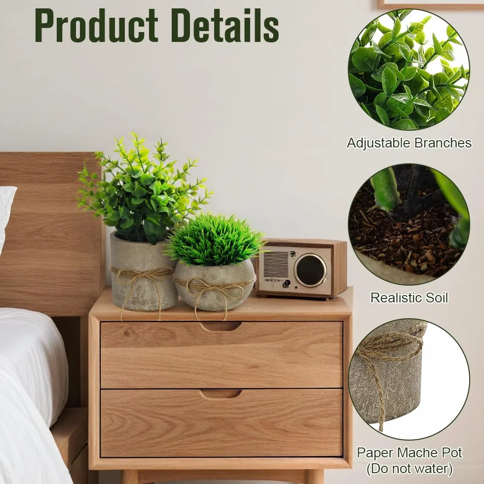 Mini Piante Artificiali di Eucalipto Verde Plastica 4 Pezzi in Vaso per Scrivania Camera Letto