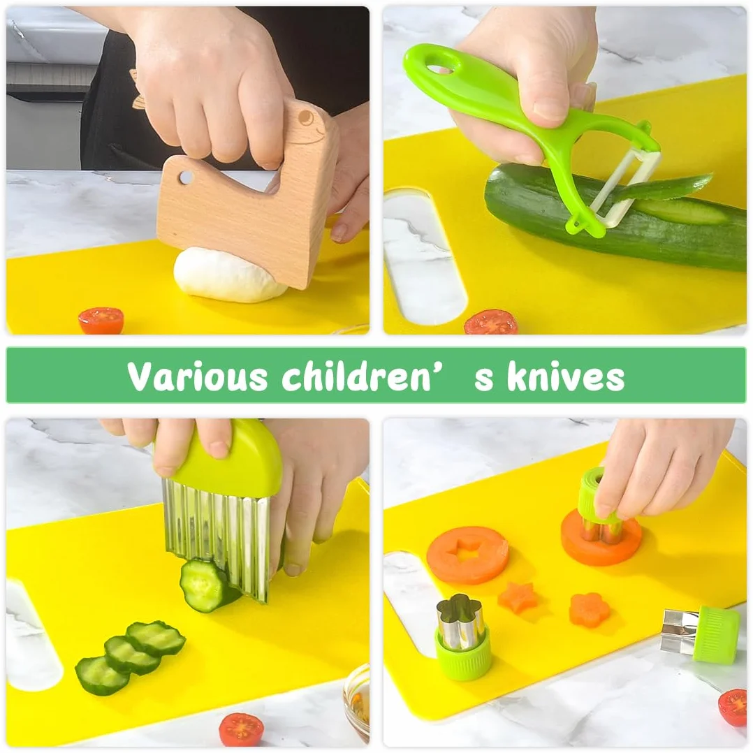 Montessori - Set di 17 utensili da cucina per bambini, coltello, tagliere e sbucciapelle per frutta, pane e verdure
