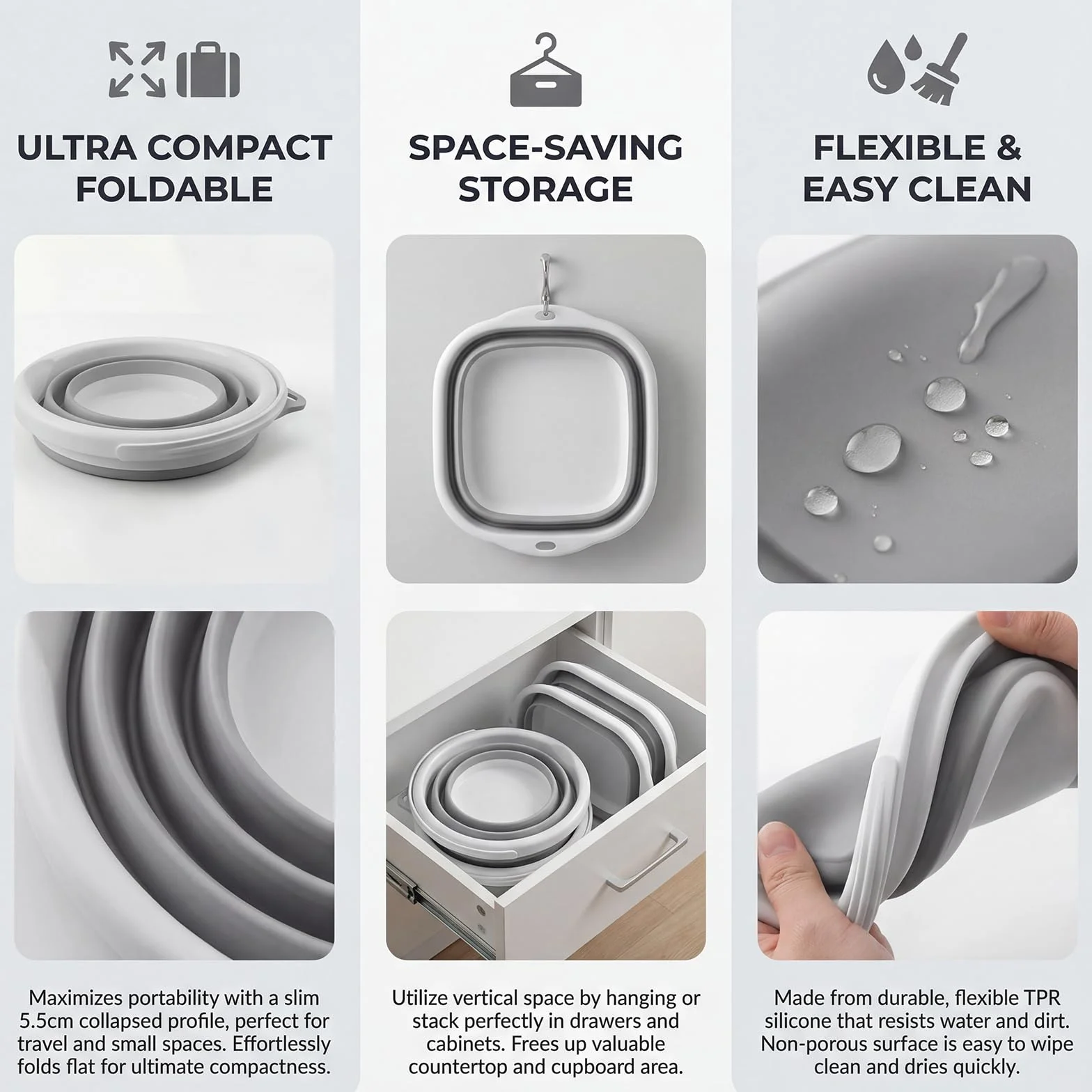 Secchio pieghevole da 5 l, di medie dimensioni, pieghevole, pieghevole, da 5 litri, per lavabo, portatile, pieghevole, pieghevole, per campeggio, casa, colore grigio