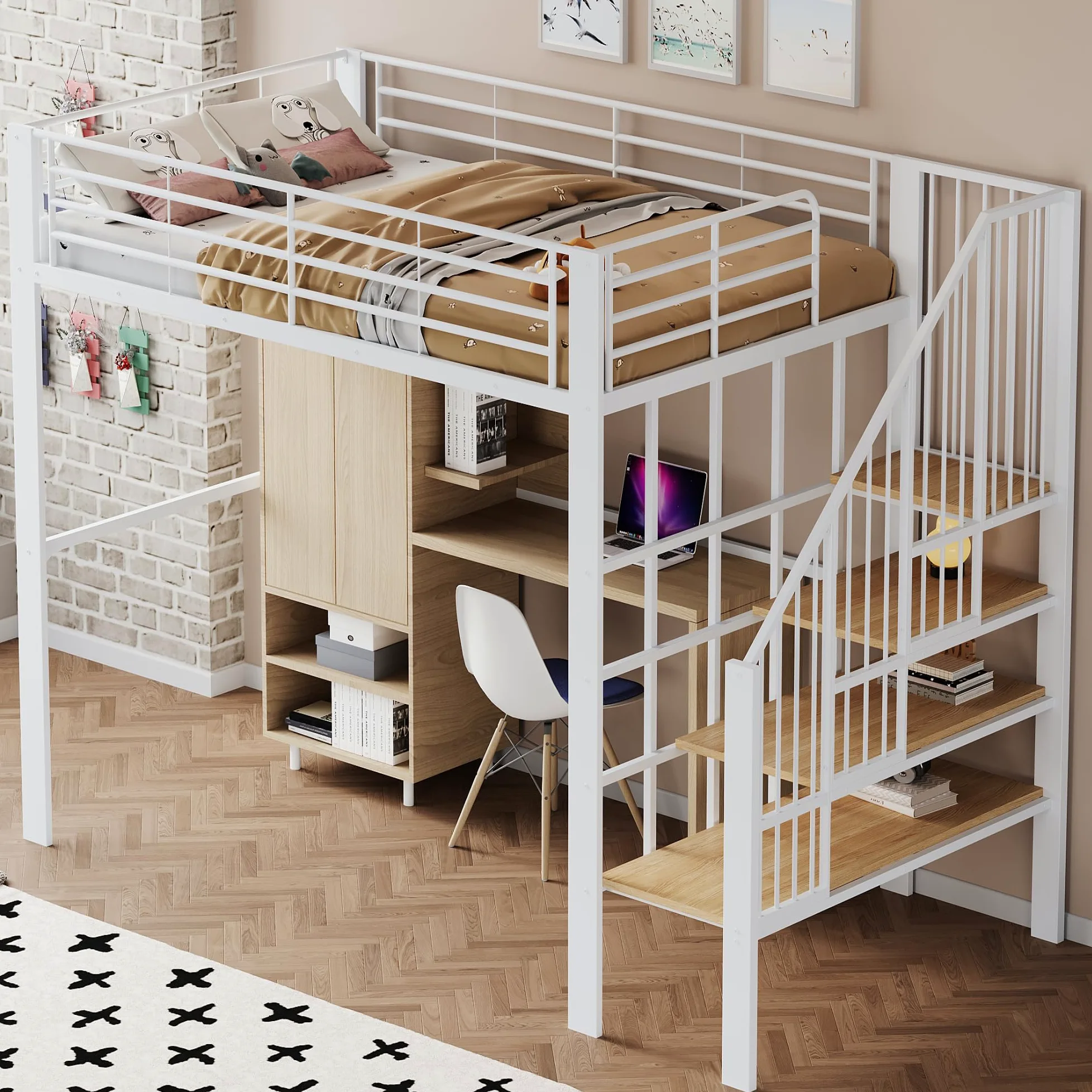 Letto a Soppalco 140x200 cm con Robusta Struttura in Metallo, Letto a Castello per bambini e e Adulti, Letto Multiuso con ampio spazio di stivaggio sotto il, Letto Bambini con Scala e Ringhiere
