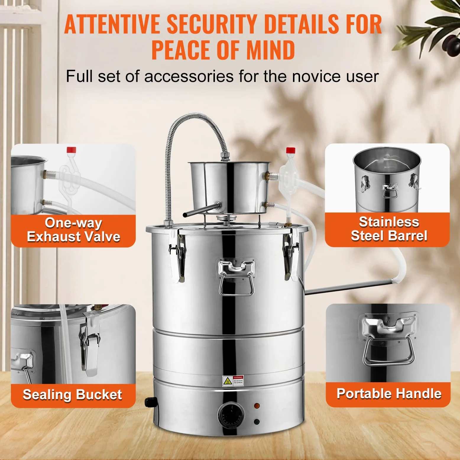 VEVOR Kit di Distillatore Elettrico Alcol in Acciaio Inox Capienza 30L Potenza Nominale 1800W con Pompa dell'Acqua Potenza 6,8-8W, Alambicco Distillatore in Acciaio Inox Uso Alimentare Acqua Alcol