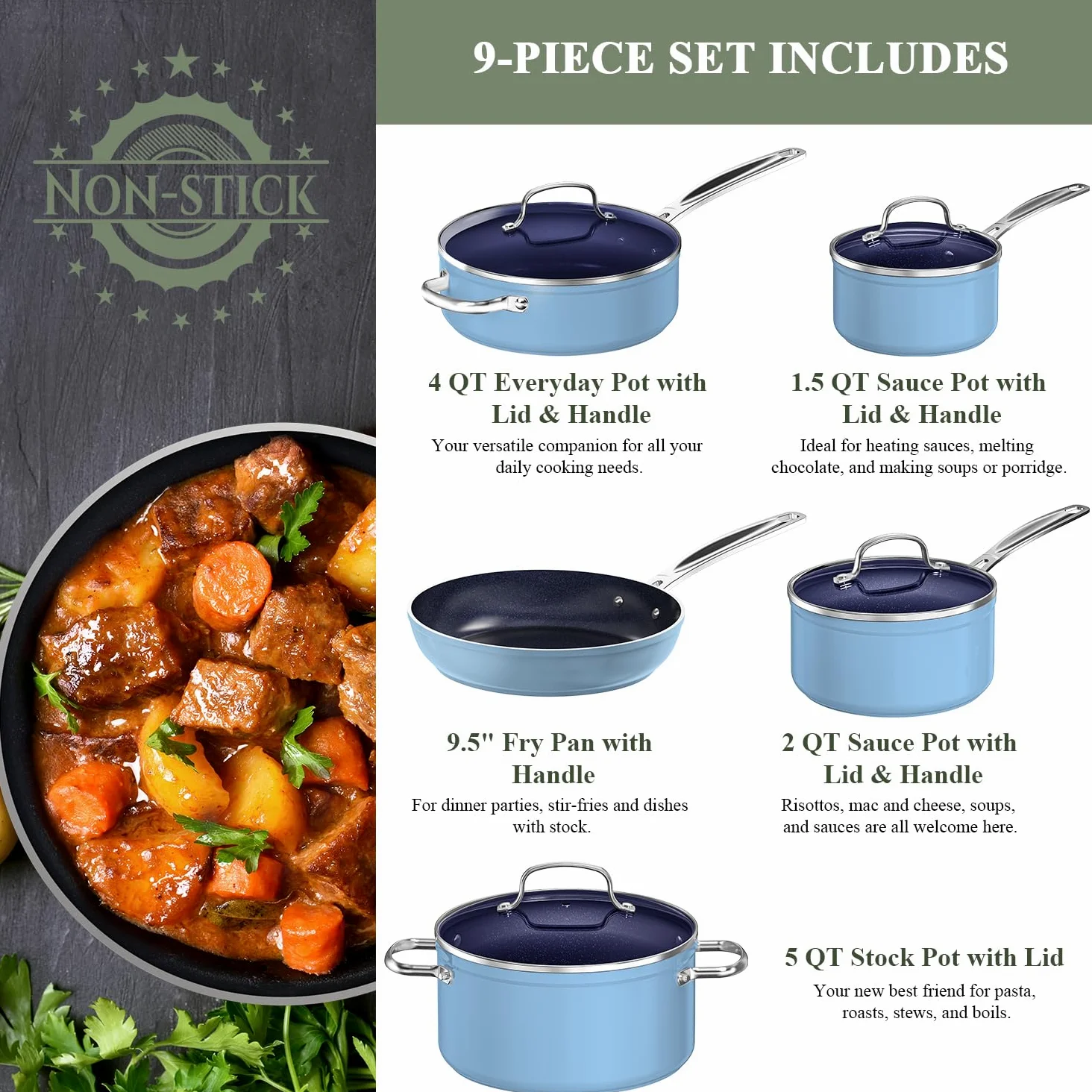 Nuwave Healthy Duralon - Set di pentole in ceramica blu con rivestimento antiaderente, infuso di diamante, resistente ai graffi, senza PFAS, adatto al forno, pronto ad induzione e riscaldamento