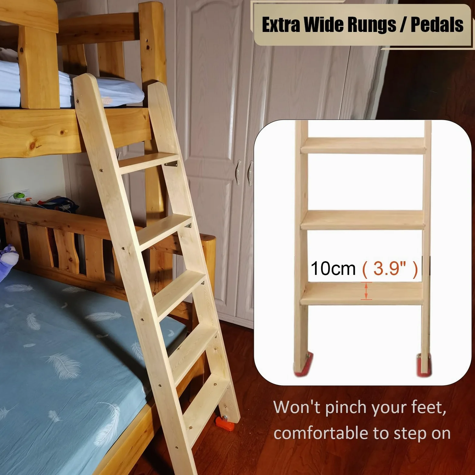 Scala per Letto a Castello con gradini Larghi 3,9" e Ganci, staffe e Piedini in Gomma, Scala di Ricambio Leggera, Scala in Legno per Letto a soppalco Matrimoniale per dormitorio, Camper, Cam