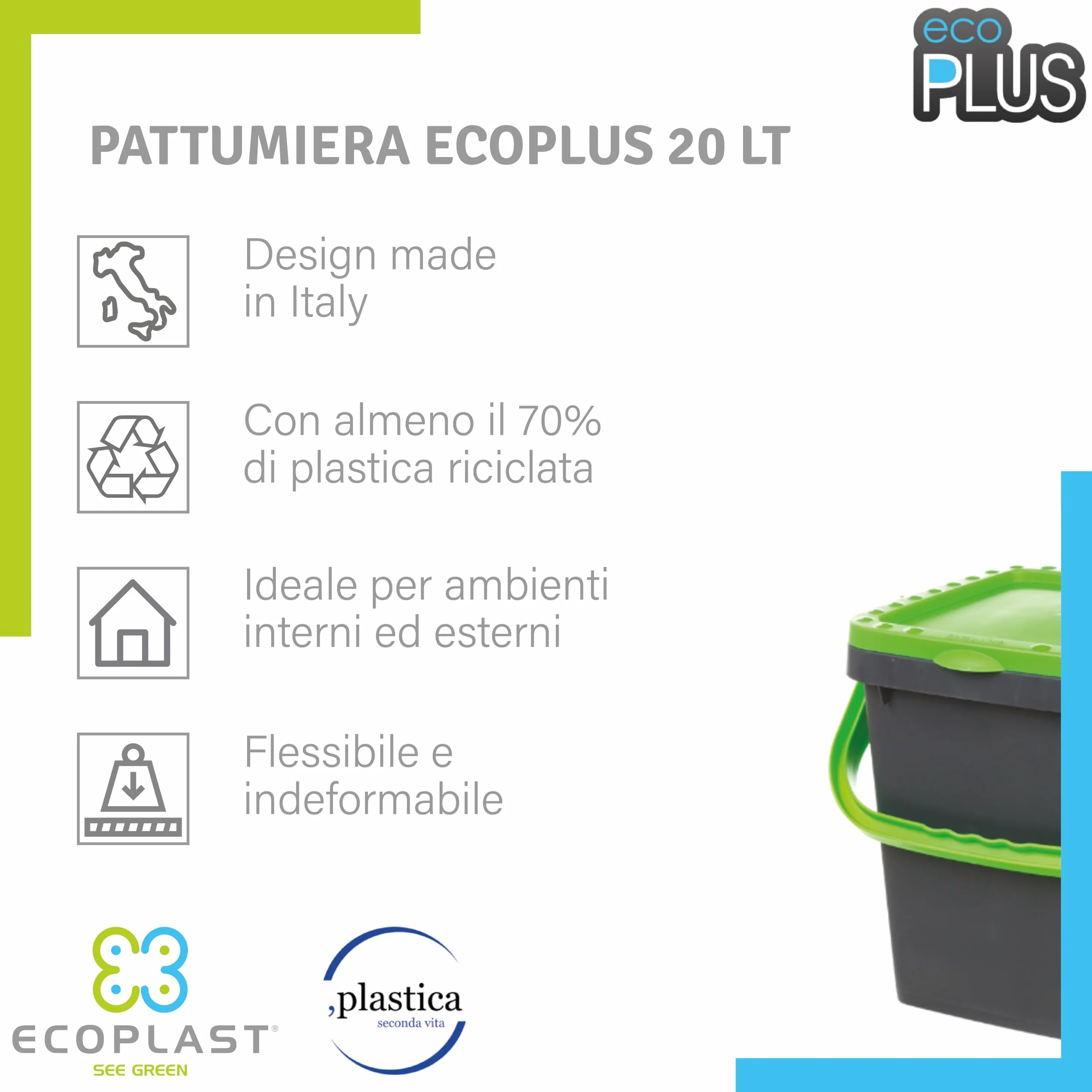 Ecoplast | Pattumiera per Raccolta Differenziata 20 Lt, Bidone Spazzatura in Plastica Riciclata, Blu, 34,5x34,5x34,5, Made in Italy