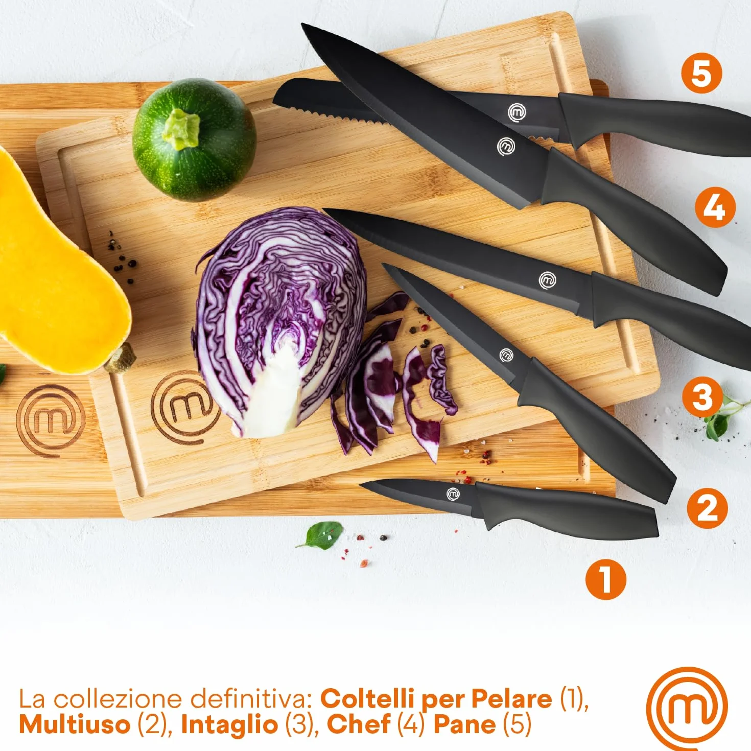 MasterChef Set Coltelli da Cucina 5 Pezzi, Acciaio Inox, Lama Affilato, Ceppo Universale Nero