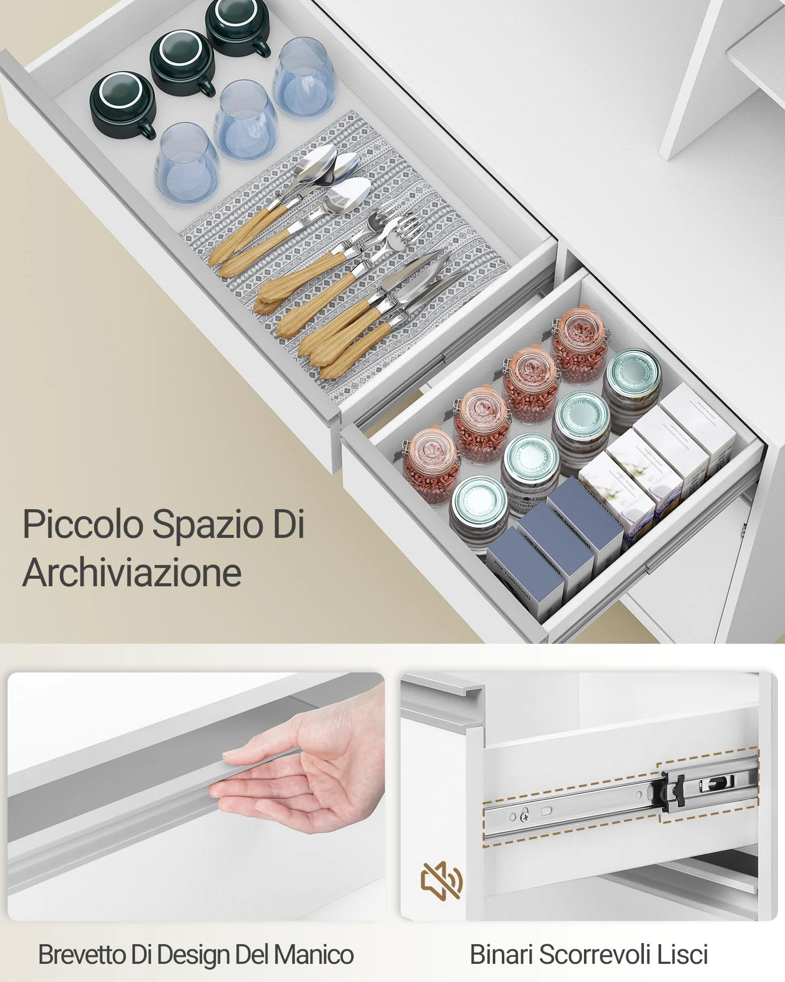 Hzuaneri Credenza cucina, mobile buffet, armadio domestico con multipresa e striscia luminosa a LED, piano di lavoro e 2 cassetti, ripiani regolabili, cucina, soggiorno, 40x100x180cm, Bianco