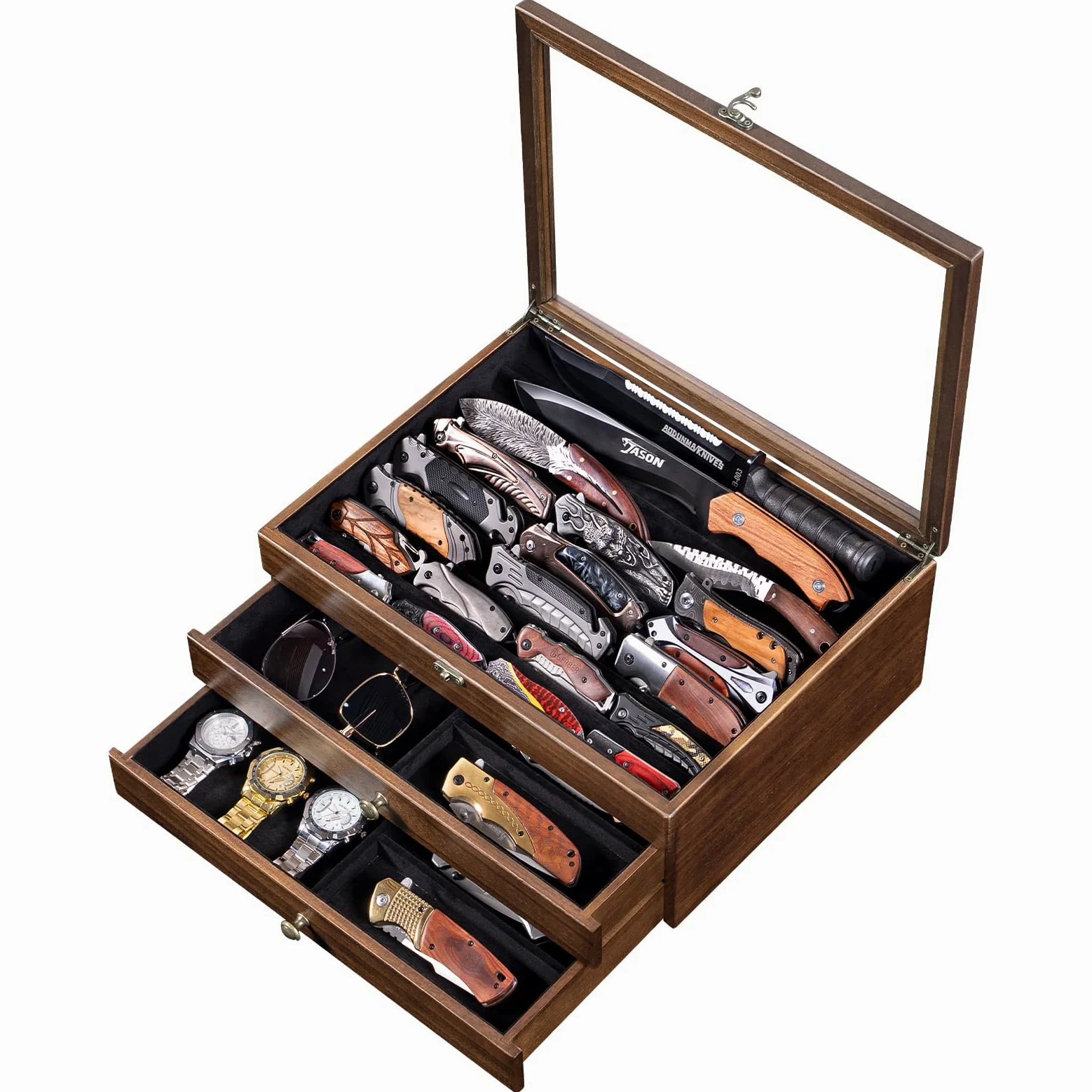 Grande espositore per coltelli, organizer per coltelli tascabili a 3 livelli con coperchio e cassetto trasparenti, per collezioni di coltelli pieghevoli e pugnali, regalo ideale da uomo (noce)