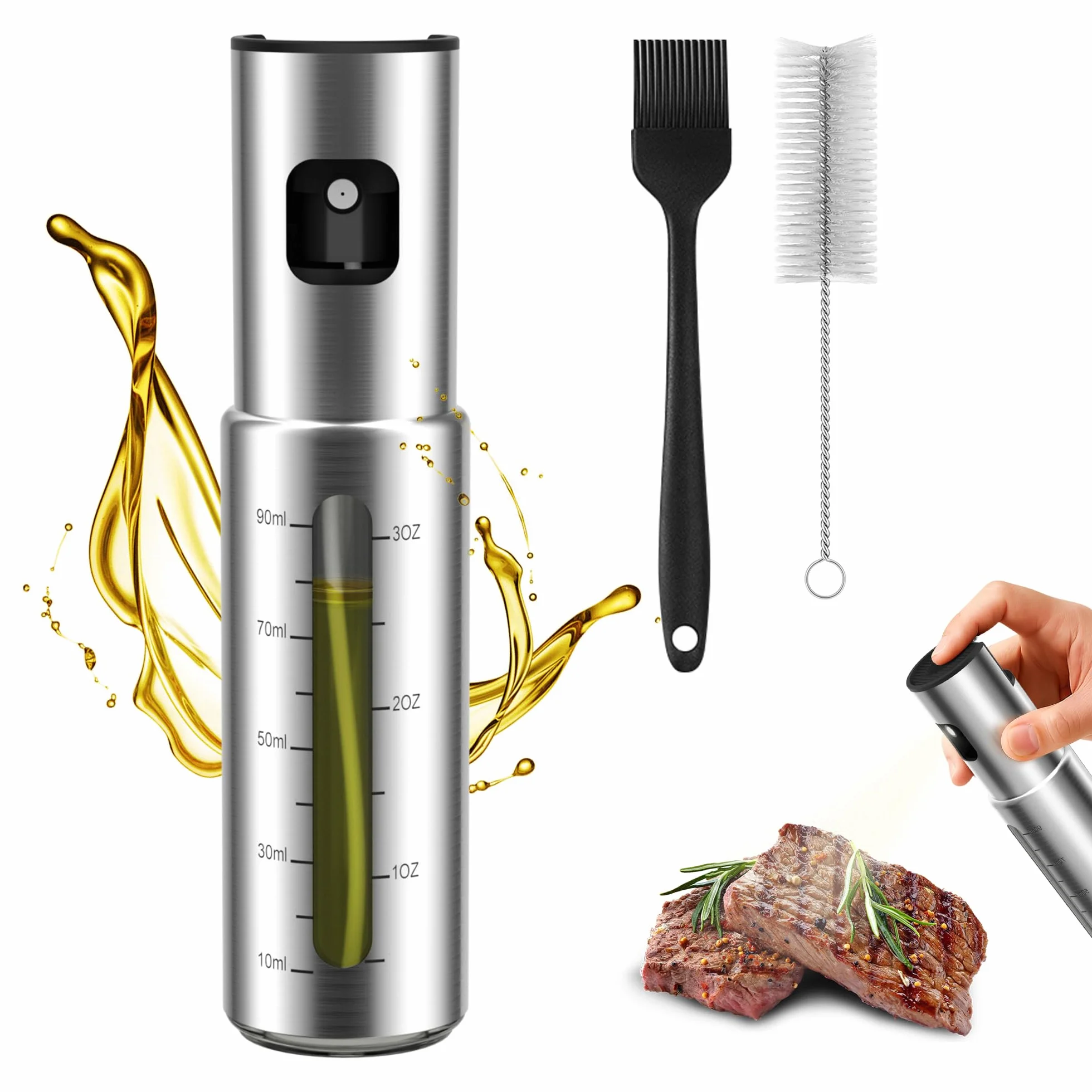 KitchenBoss Spruzzino Olio in Acciaio Inox 100ml per Friggitrice Aria, Spruzzi per Insalate, Grigliate e Fritture