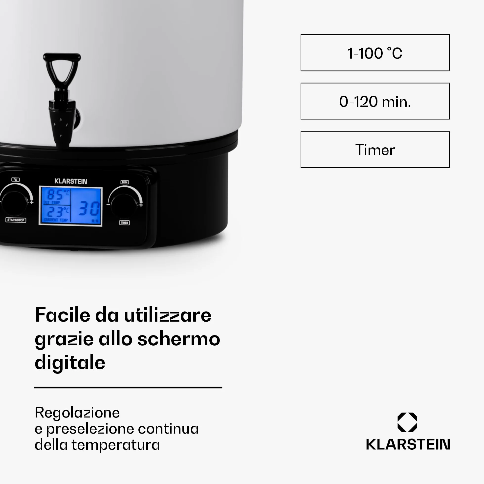 KLARSTEIN Bollitore Vin Brule, Distributore Bevande Calde, Dispenser Termico con Rubinetto 27 Litri, 1800W Acciaio Inossidabile, Thermos Bollitore Acqua Calda e tè, Pentola Bollitore Kit Vin Brulè
