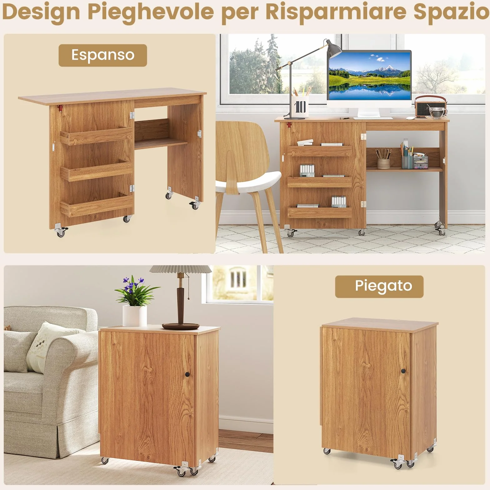 COSTWAY Tavolo da Cucito Pieghevole, Mobile per Macchina da Cucire con Ripiano Portaoggetti, 3 Scomparti Nascosti e Ruote Bloccabili, Mobile Multiuso per Piccoli Spazi (Legno, 118,5 x 40 x 79,5 cm)