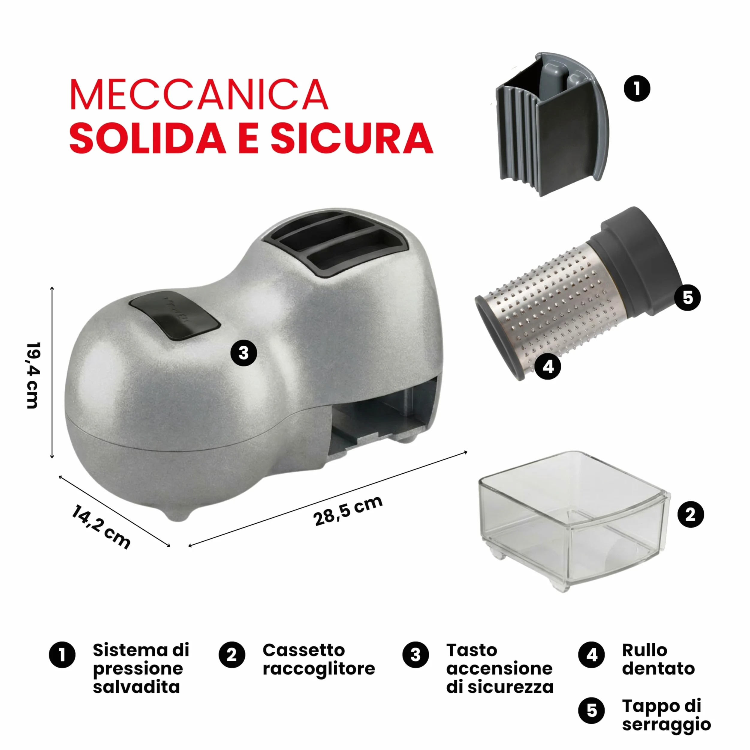 Reber Grattugia Elettrica per Formaggio 140W - Ideale per Parmigiano, Pane Secco, Cioccolato e Frutta Secca - Uso Continuo senza Soste - Facile da Pulire - Fido Silver