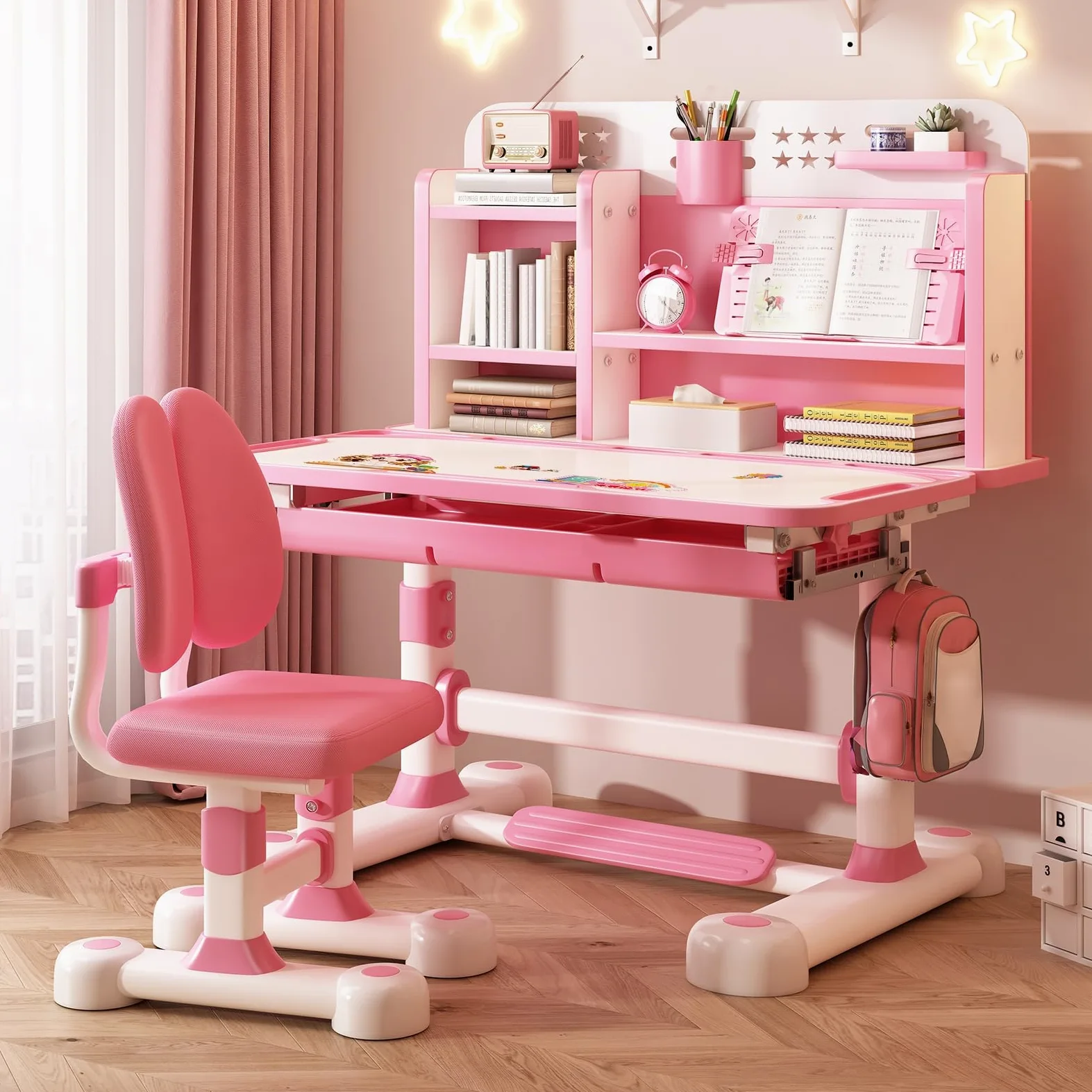 Set di scrivania e sedia funzionale per bambini, altezza regolabile, scrivania per studio scolastico, scrivania ergonomica, tavolo da scrittura con supporto per libri, per ragazzi e ragazze