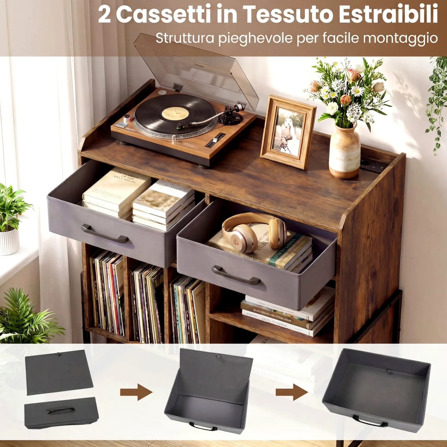 COSTWAY Supporto per Giradischi in Vinile, Mobile per Giradischi con Stazione di Ricarica, 2 Cassetti Rimovibili in Tessuto e Ripiano Regolabile, Supporto Porta Dischi Vinile per Soggiorno, Studio