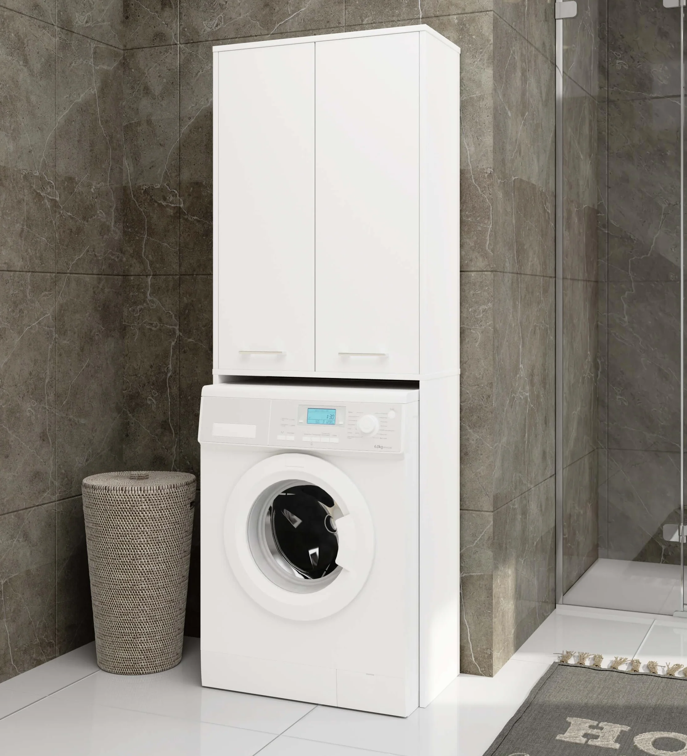 AKORD | Armadio Pensile per Lavatrice FIN 180 | Armadio di trasformazione con 2 Ante, 4 Ripiani | Archivio per bagno | Cassettiera per lavatrice | 64x180x30 cm | Bianco + Bianco Frontale