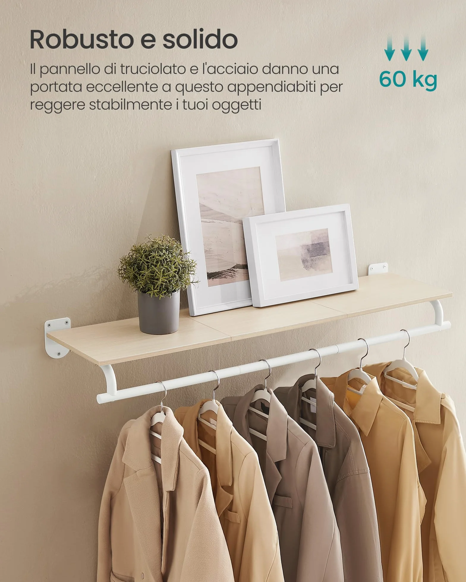SONGMICS Appendiabiti da Parete, Barra Appendiabiti con Mensola da Muro, Portata Totale 35 kg, 28 x 109 x 13,2 cm, Camera da Letto Cabina Armadio, Beige Naturale e Bianco Nuvola HSR135W01